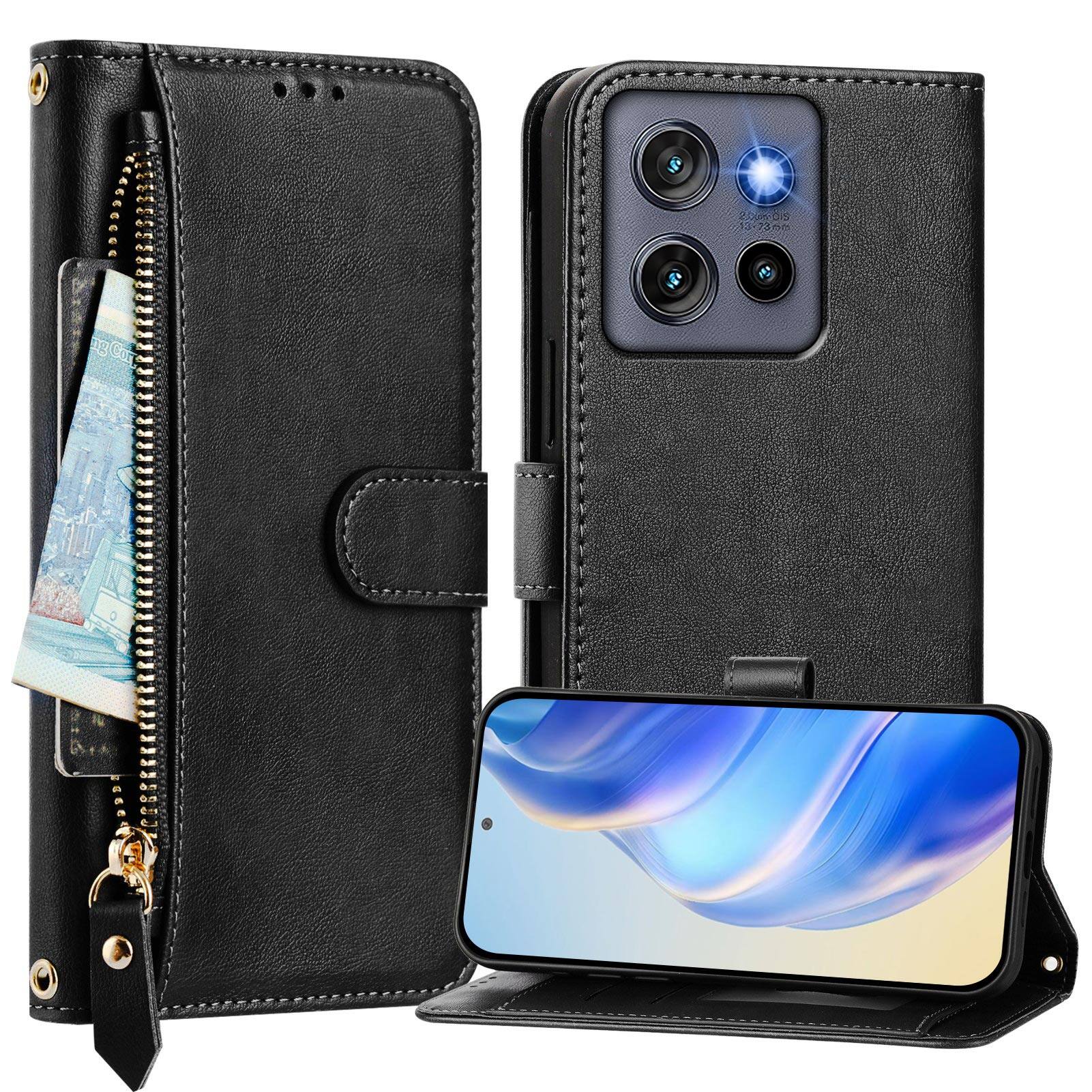 Angle. UUCOVER - Zipper Wallet Case for Motorola G Stylus 5G 2026/2025 Magnetic PU Leather Card Slots Stand Cover with Shoulder Strap - Black.