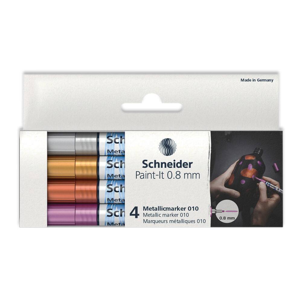 Made in Germany  
Schneider Meta Paint-It 0.8 mm  
Schneider Metallic Marker 010  
4 Metallic Markers 010  
Marqueurs métalliques 010  
0.8 mm