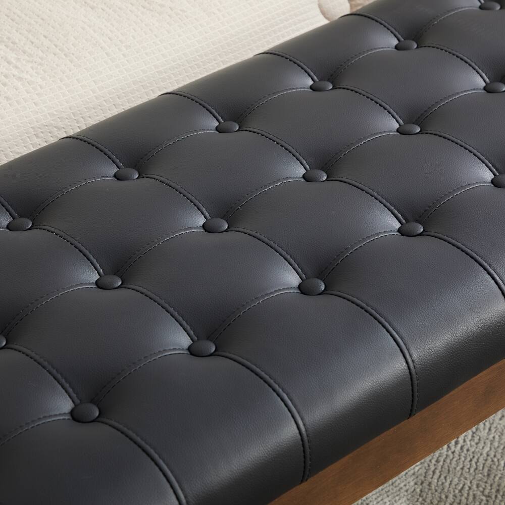 Alt View 4. Ropilly - Ropilly 66 Inch Black Faux Leather End of Bed Bench, Button Tufted Upholstered Entryway Shoe Bench with Wood Legs - Black.