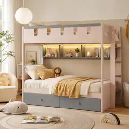 Anysun - Twin Size Castle Style Bunk Bed with 2 Drawers,Shelf,and LED - Gray