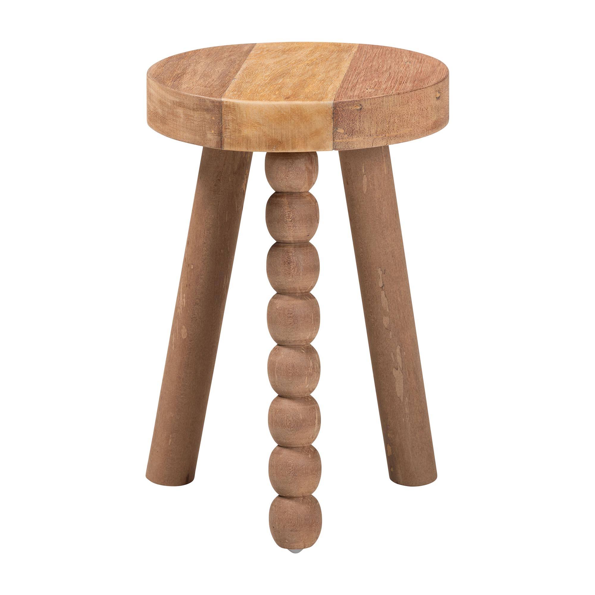 Angle. bali & pari - Sihu Acacia Wood Multipurpose Accent Stool - Sculptural End Table with Bobbin Tripod Base - Natural Brown.