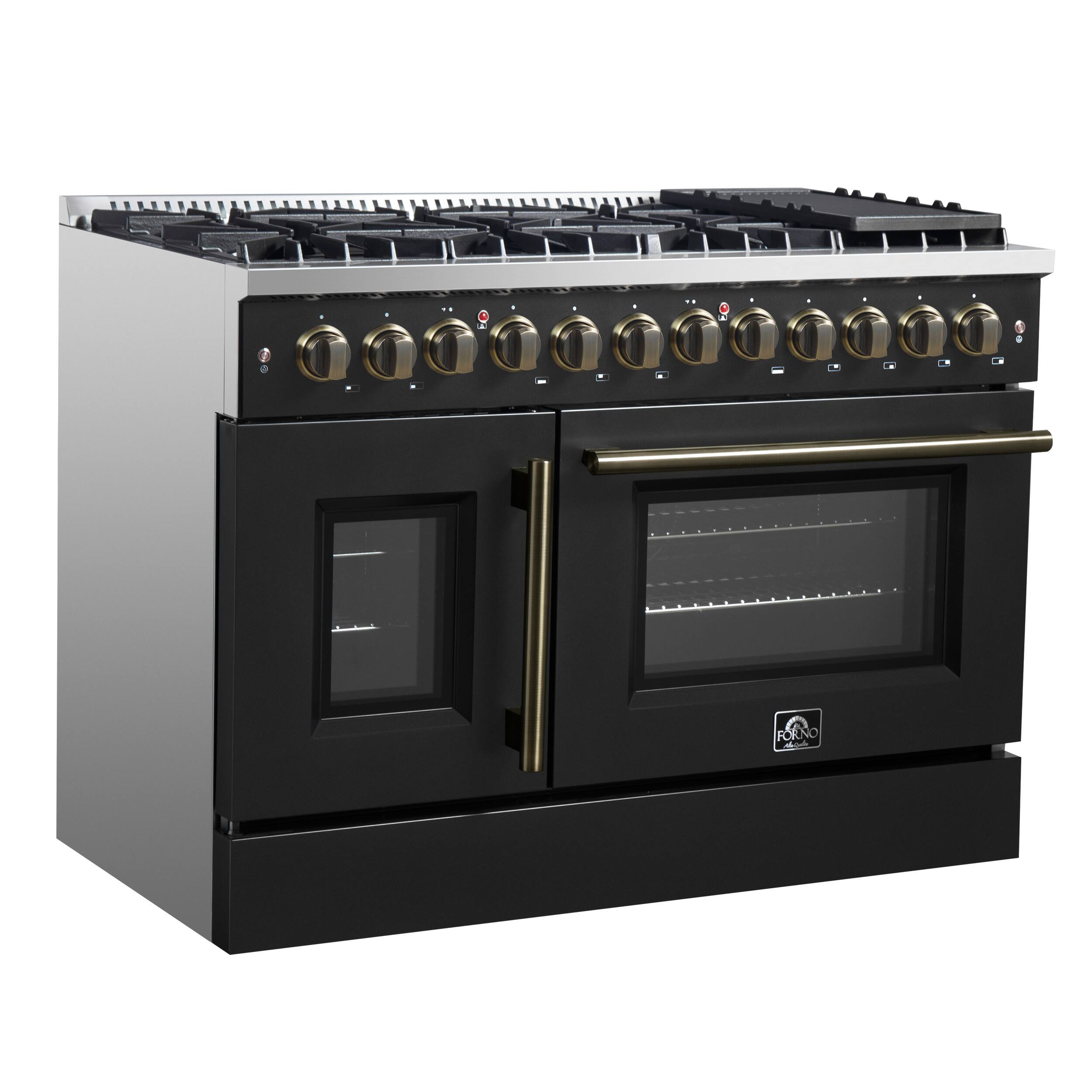 Left. Forno Appliances - 48 in. Wide 8 Burner Galiano 6.58 Cu. Ft. Freestanding Dual Fuel True Convection Range - Black.