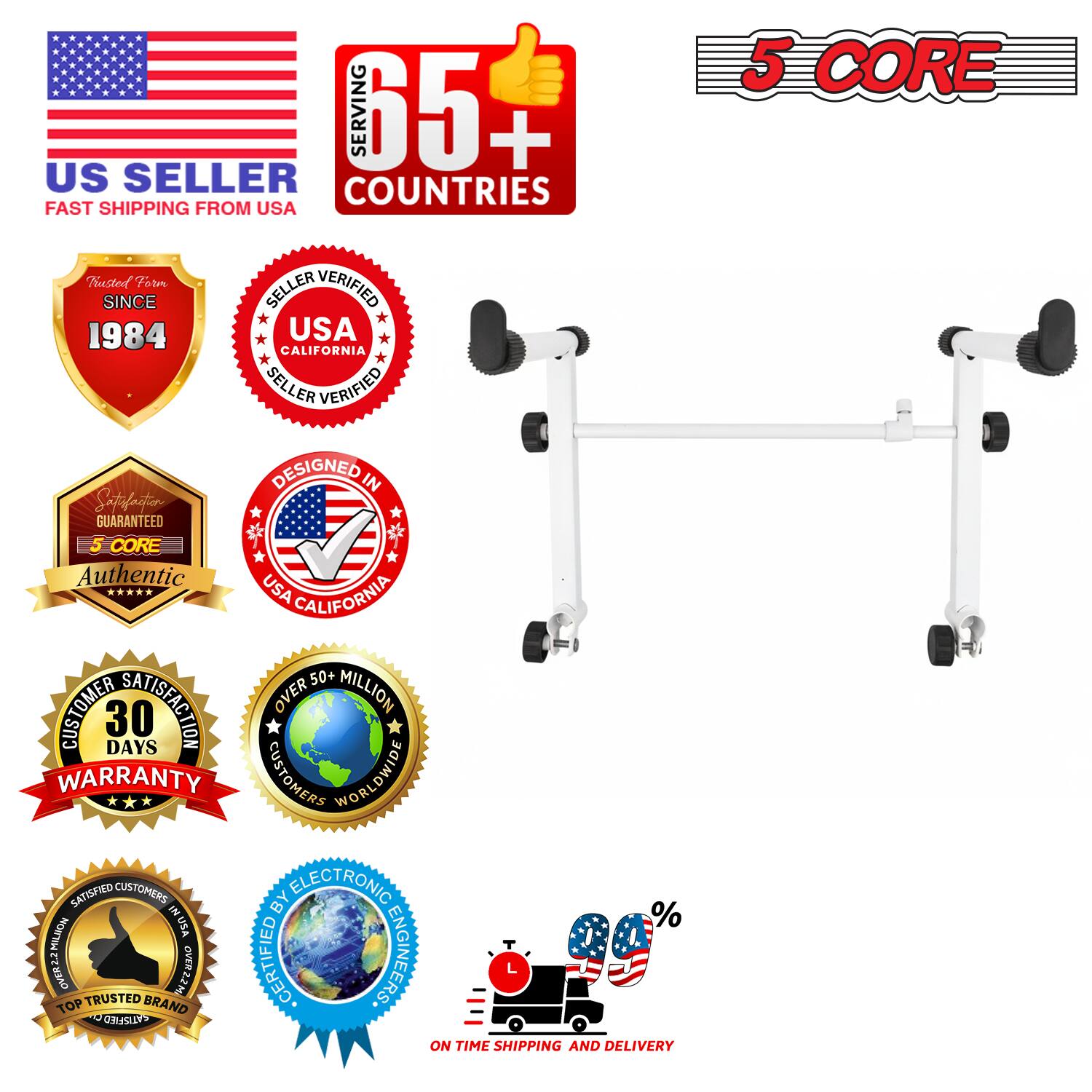 Sure, here is the corrected and grouped text from the image:

---

**US SELLER**  
FAST SHIPPING FROM USA

**SERVING 65+ COUNTRIES**

**5 CORE**

**TRUSTED TEAM SINCE 1984**

**USA CALIFORNIA SELLER VERIFIED**

**DESIGNED IN USA CALIFORNIA**

**AUTHENTIC**

**30 DAYS WARRANTY**

**OVER 50+ MILLION CUSTOMERS WORLDWIDE**

**SATISFACTORY GUARANTEED**

**CERTIFIED BY ELECTRONIC ENGINEERS**

**TOP TRUSTED BRAND**

**ON TIME SHIPPING AND DELIVERY**

**%**

---