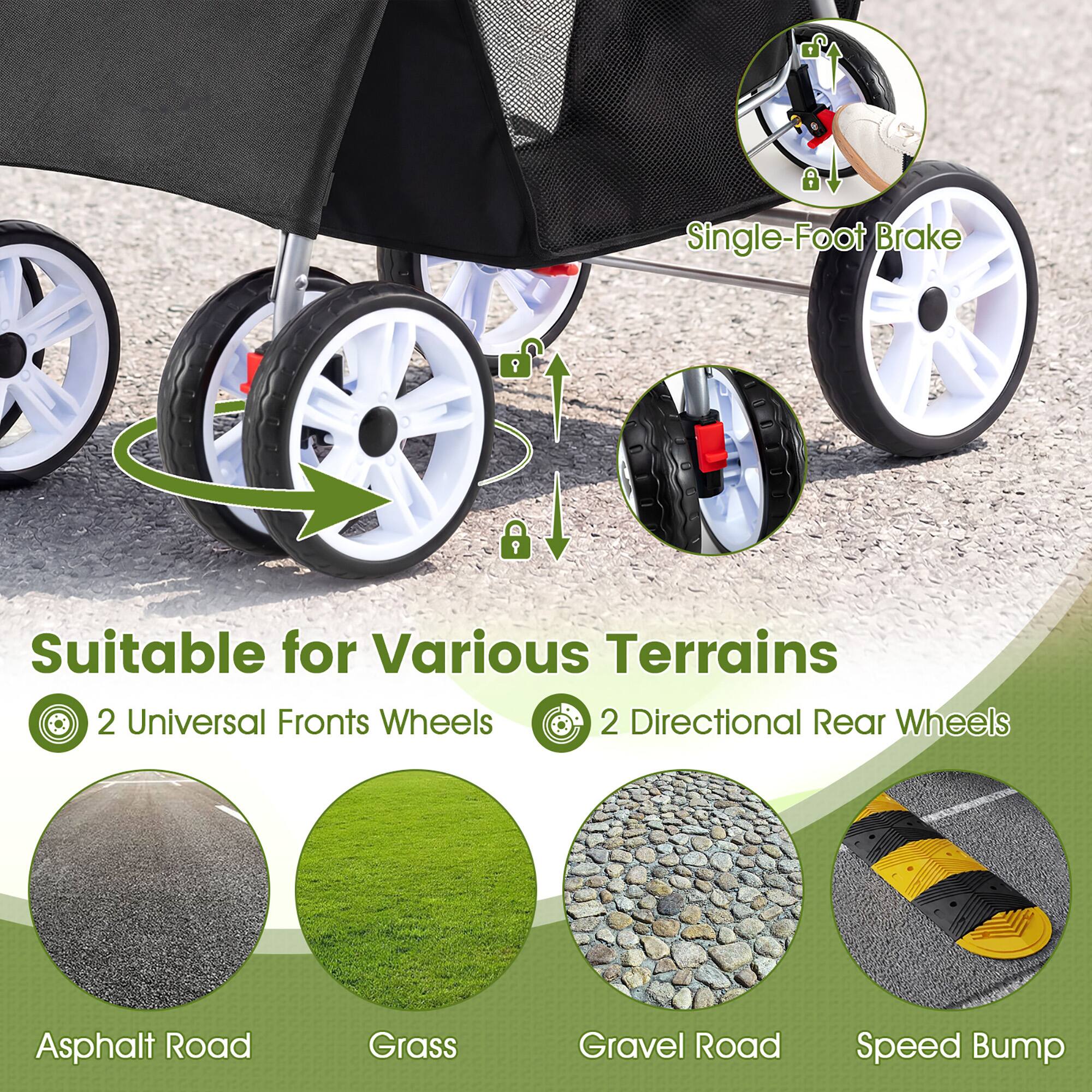 d24
Single-Foot Brake
Suitable for Various Terrains
2 Universal Fronts Wheels
2 Directional Rear Wheels
Asphalt Road
Grass
Gravel Road
Speed Bump
