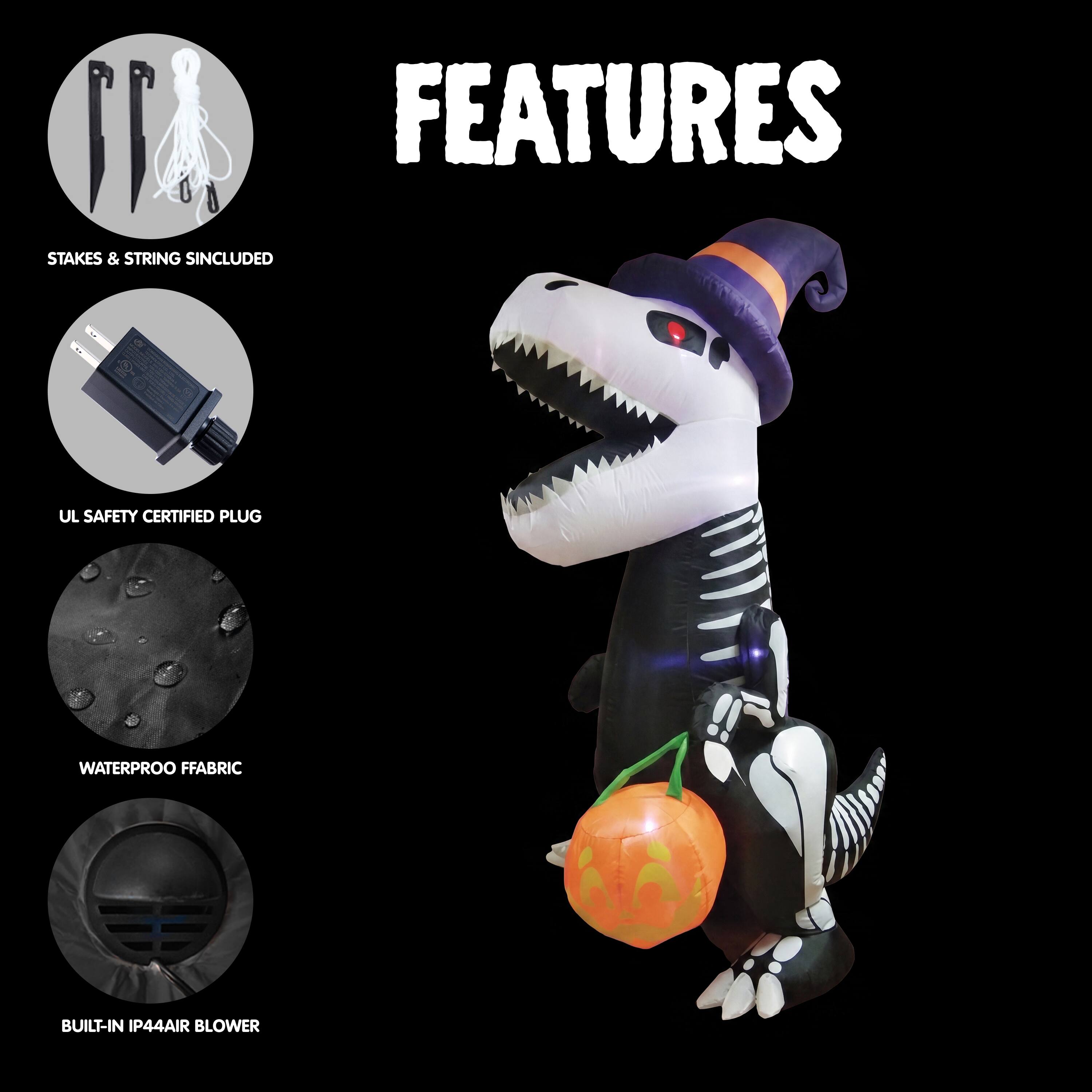 - STAKES & STRING INCLUDED
- UL SAFETY CERTIFIED PLUG
- WATERPROOF FABRIC
- BUILT-IN IP44 AIR BLOWER