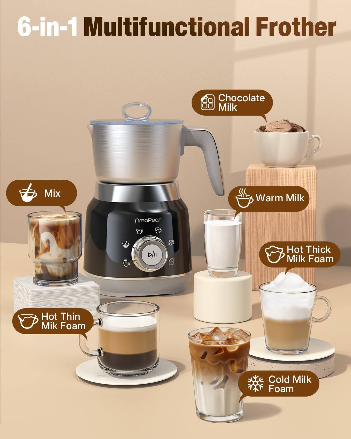 6-in-1 Multifunctional Frother

- Chocolate Milk
- Mix
- Warm Milk
- Hot Thick Milk Foam
- Hot Thin Milk Foam
- Cold Milk Foam