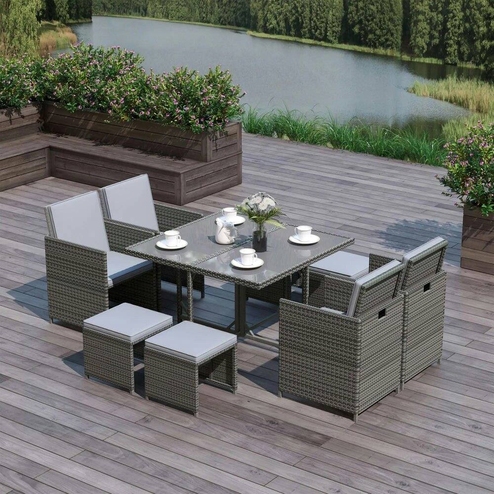 Left. Resenkos - Resenkos 9 Piece Outdoor Rattan Wicker Dining Table and Chairs Furniture Set, Cushions, Mixed Gray And Gray - Mixed Gray/Gray.