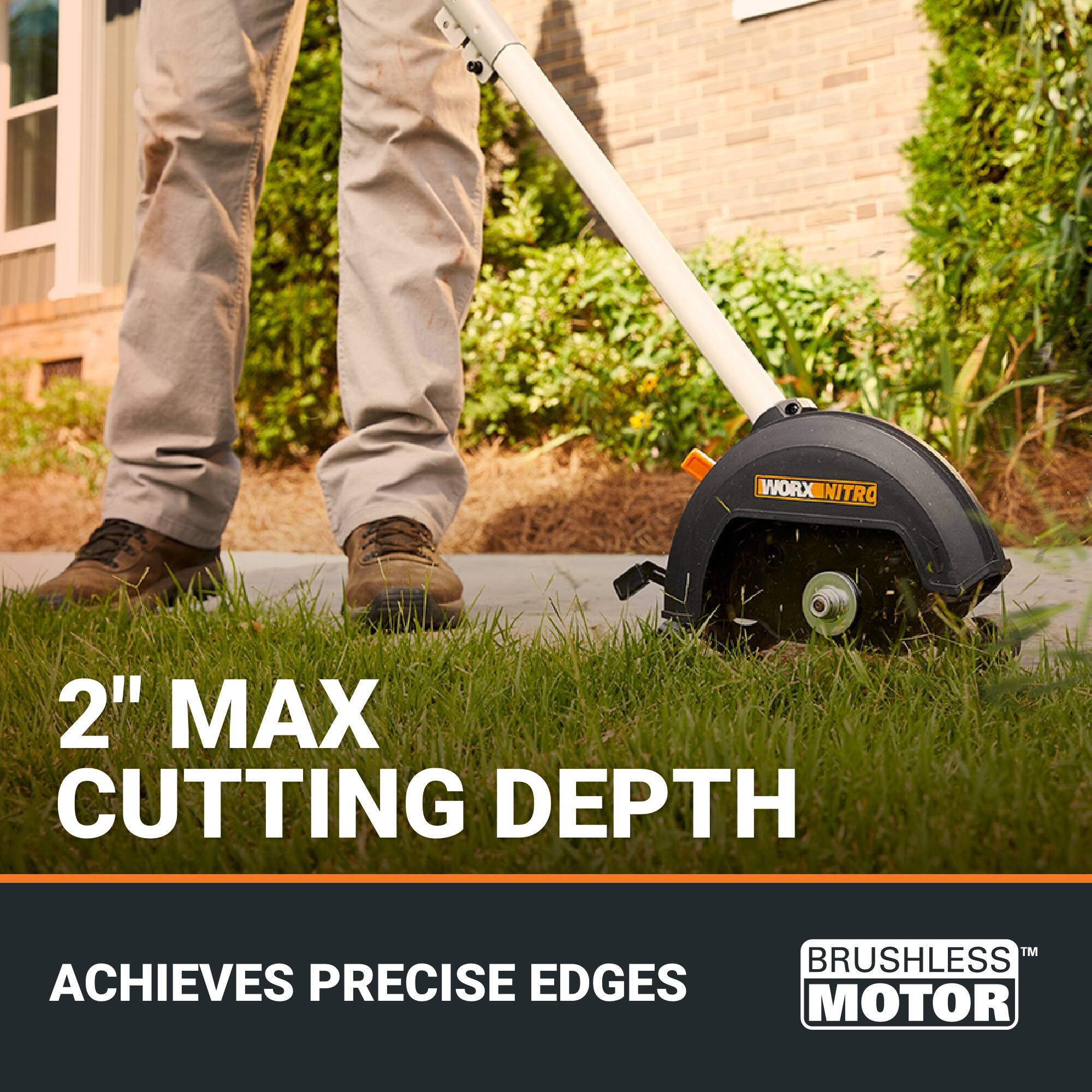 The text on the image is grouped as follows:

"WORXIN NITRO 2" MAX CUTTING DEPTH ACHIEVES PRECISE EDGES TM BRUSHLESS MOTOR"