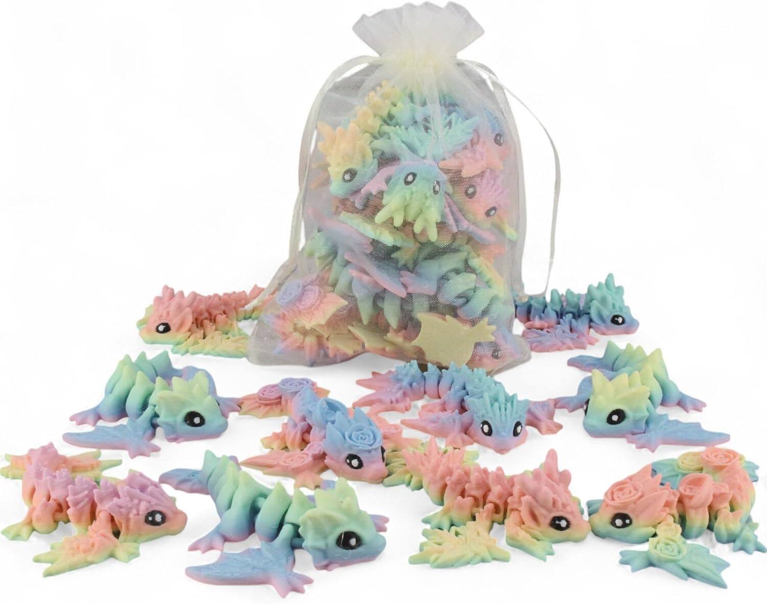 10 Pack 3D Printed Dragon Baby Wyverns, Matte Rainbow Articulated 3D Printed Dragon Party Gift Bags by PowerTRC