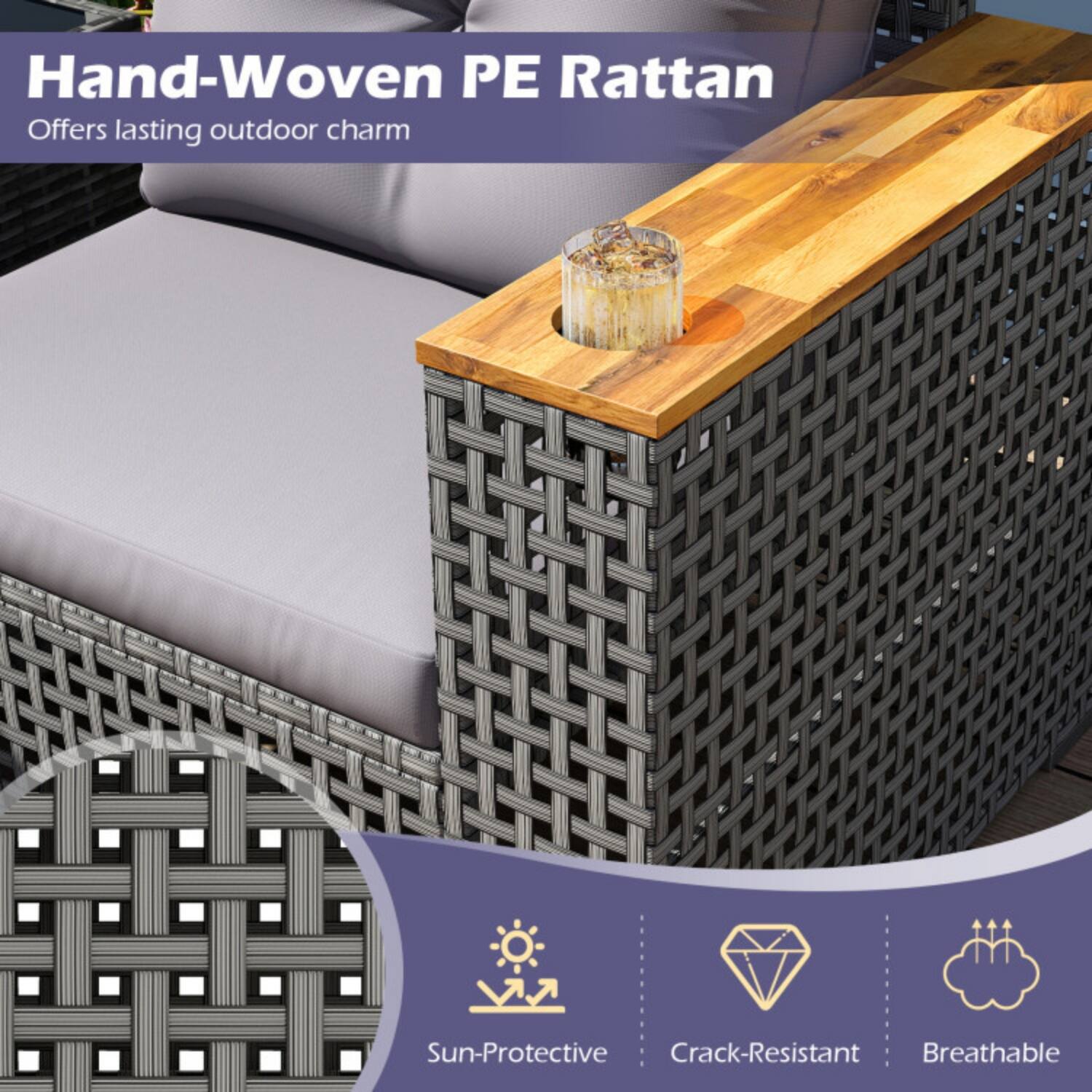 Hand-Woven PE Rattan  
Offers lasting outdoor charm  

- Sun-Protective  
- Crack-Resistant  
- Breathable
