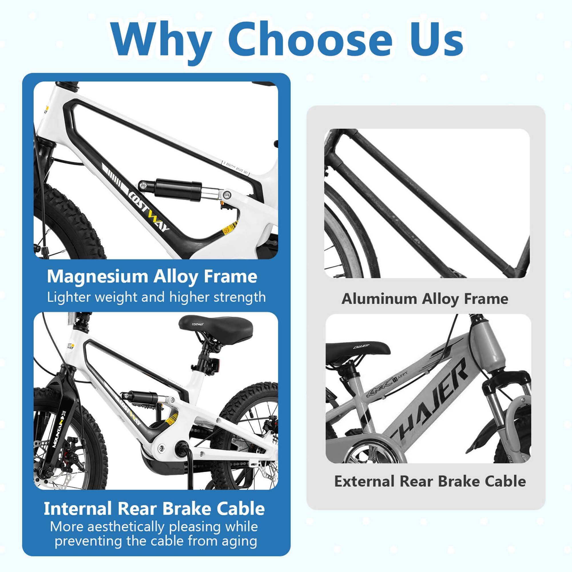 Why Choose Us

Magnesium Alloy Frame  
Lighter weight and higher strength

Internal Rear Brake Cable  
More aesthetically pleasing while preventing the cable from aging

Aluminum Alloy Frame

External Rear Brake Cable