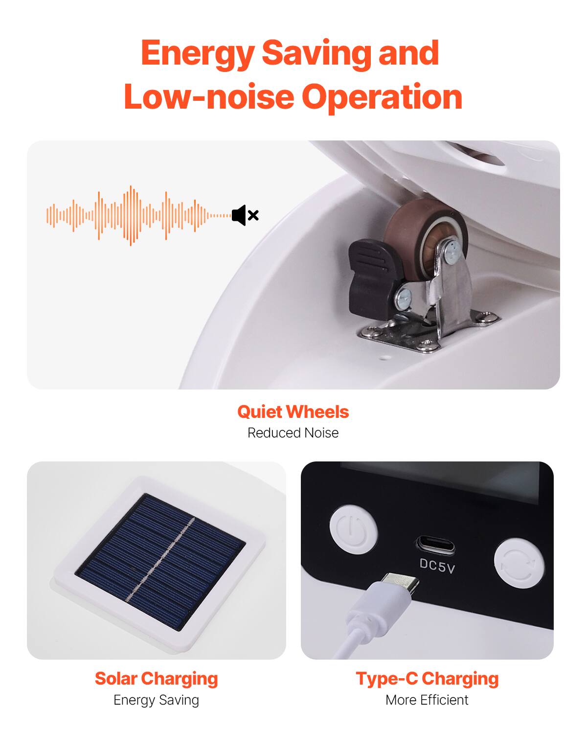 Energy Saving and Low-noise Operation

Quiet Wheels  
Reduced Noise

Solar Charging  
Energy Saving

Type-C Charging  
More Efficient