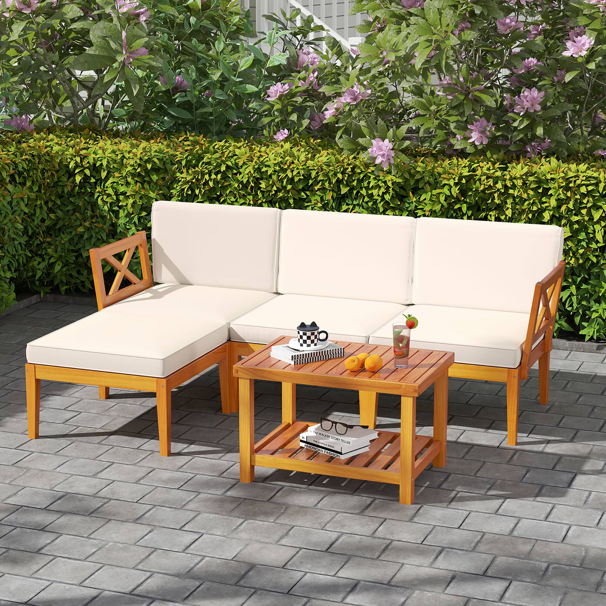 Alt View 1. Gymax - Gymax 5 PCS Acacia Wood Patio Furniture Set w/ 2-Tier Coffee Table and Cushions - Off White.