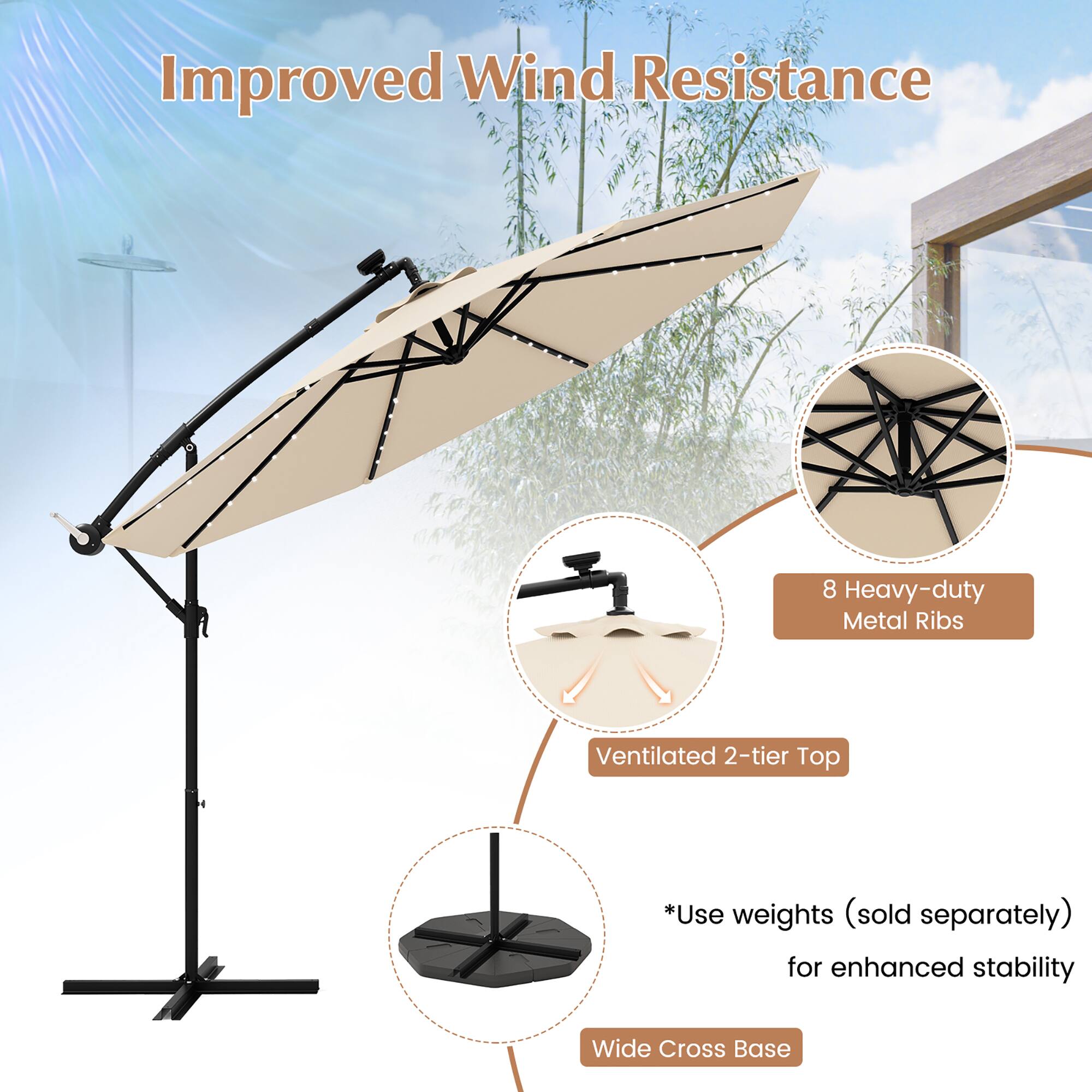Improved Wind Resistance
8 Heavy-duty Metal Ribs
Ventilated 2-tier Top
*Use weights (sold separately) for enhanced stability
Wide Cross Base
