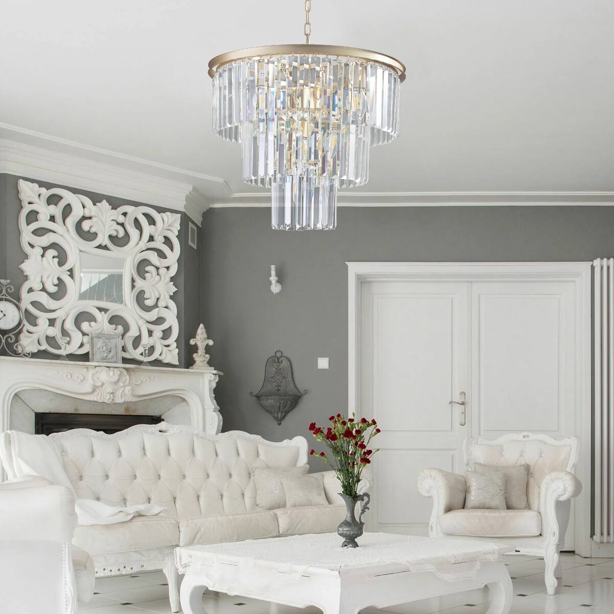 Alt View 2. Loheer - Loheer 20 inch Crystal Chandelier, Seven Light Gold Frame Pendant for Living Room or Dining Room.