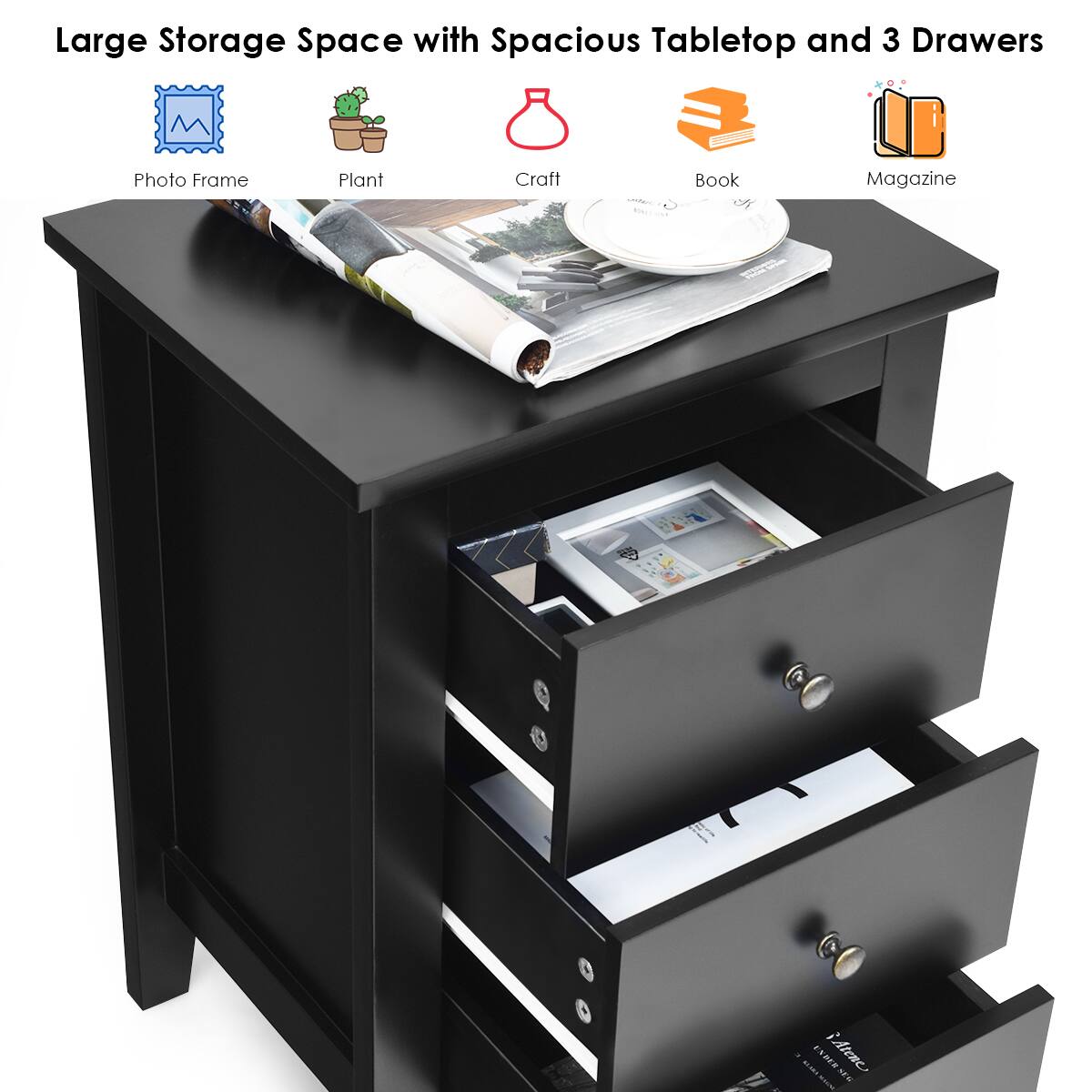 Large Storage Space with Spacious Tabletop and 3 Drawers: Photo Frame, Plant, Craft - Book, Magazine - Exactly What You Need