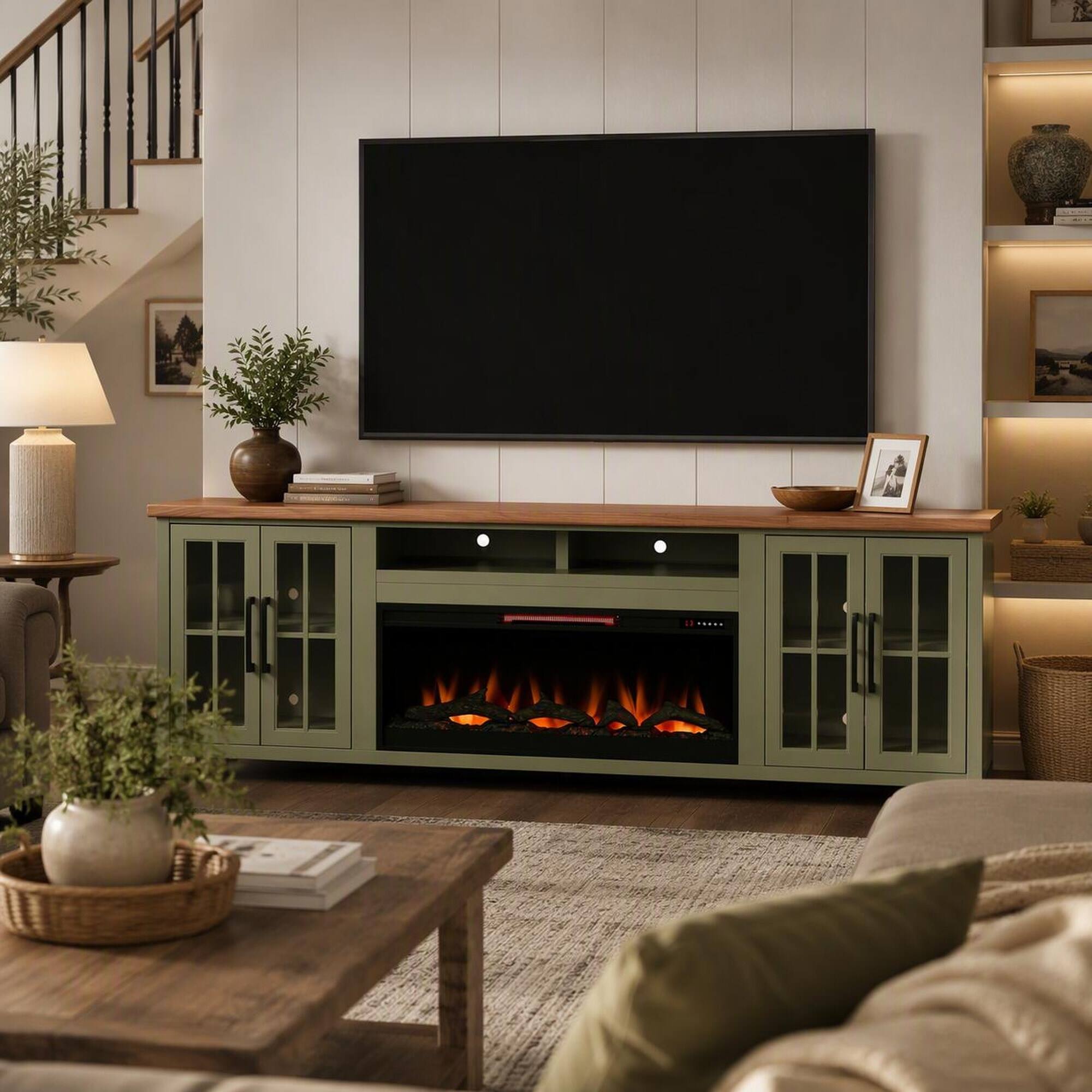 Back. RYHNUYNE - 97 Inch Vineyard Farmhouse Fireplace TV Stand, Fits Up To 100 Inch TVs For Rustic Living Room Media Storage Decor - Green.