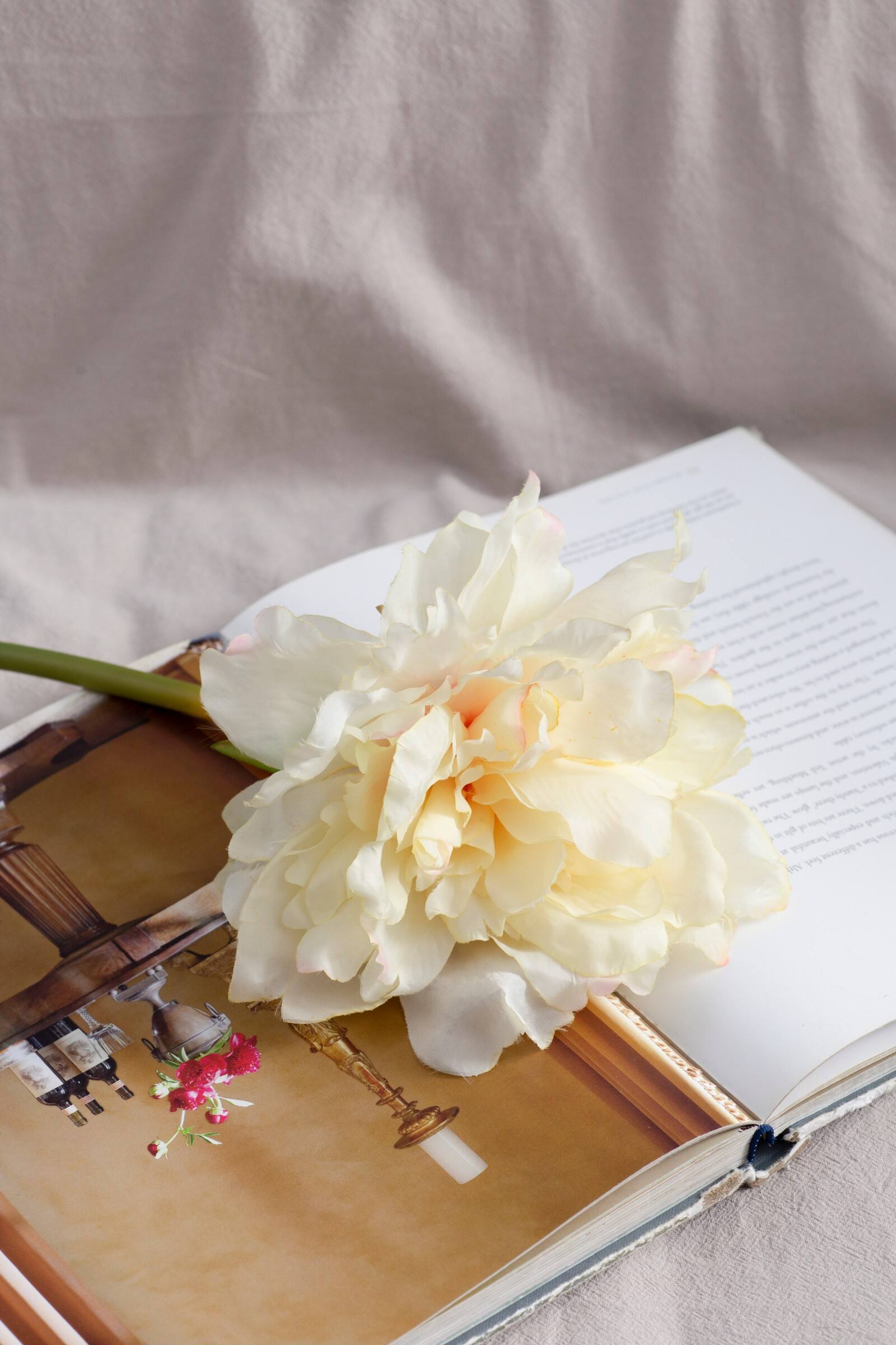 Alt View 3. Glintex - 14 Inch Faux Peony Stem with Pink-Tinged Petals, Lifelike Fabric and Plastic Design for Elegant Home Floral Arrangements - White+Pink.