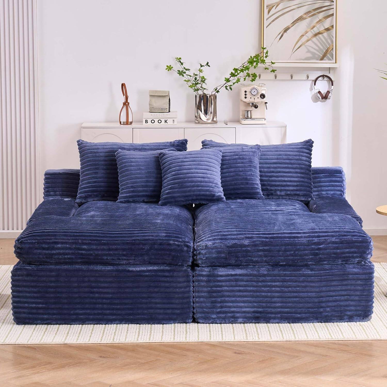 Angle. AENKYO - Oversized Boneless Sofa Bed Double Chaise Lounge Sofa Indoor Loveseat Sleeper,Sectional Floor Chair for Living Room - Blue.