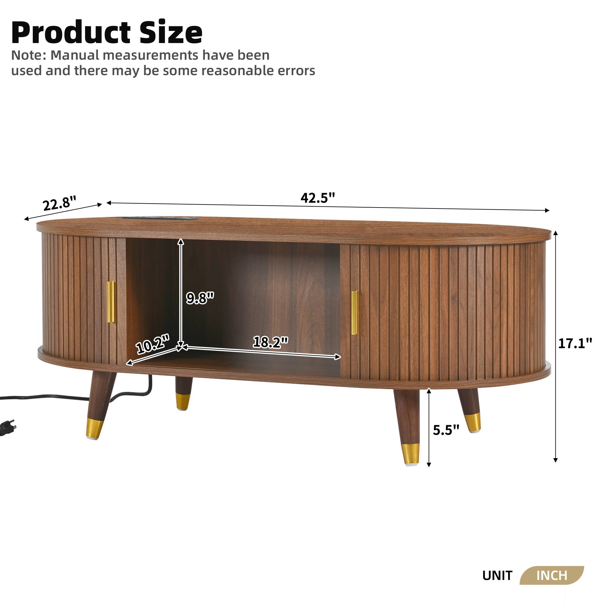 Product Size  
Note: Manual measurements have been used and there may be some reasonable errors  

- Length: 42.5"  
- Width: 22.8"  
- Height: 17.1"  
- Drawer Height: 9.8"  
- Drawer Width: 18.2"  
- Drawer Depth: 10.2"  
- Leg Height: 5.5"  

UNIT: INCH
