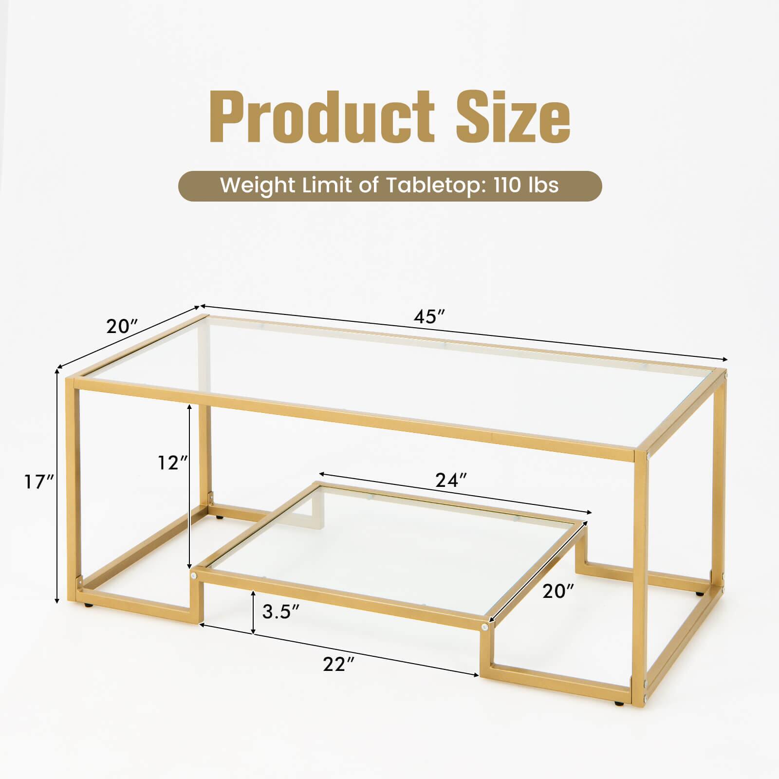 Product Size: Weight Limit of Tabletop: 110 lbs.

Dimensions:
- 20" (Width)
- 45" (Length)
- 17" (Height)
- 12" (Depth)