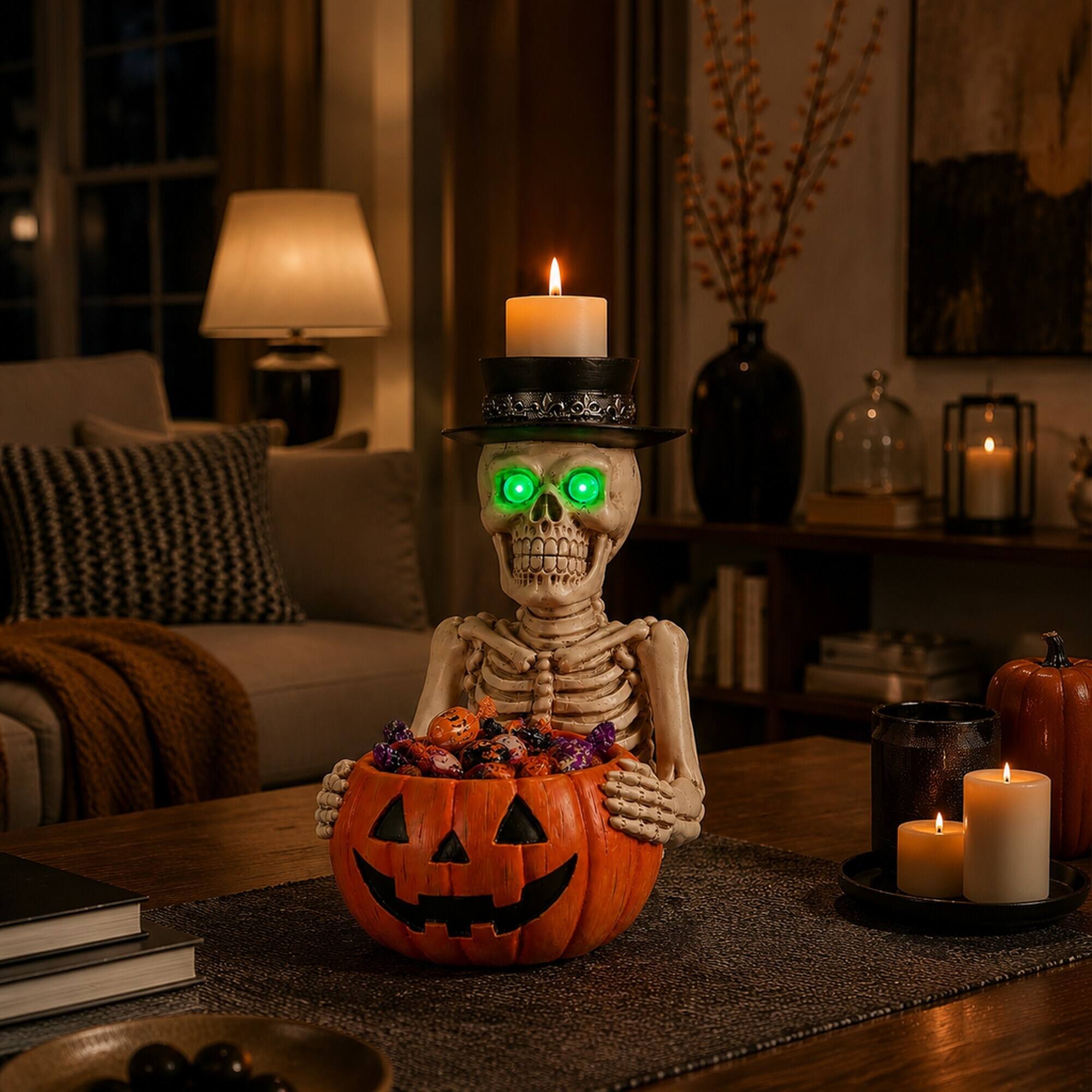 Left. RYHNUYNE - Spooky Halloween Skeleton Figurine with LED Glowing Eyes, Pumpkin Candy Bowl, and Top Hat Candle Holder - White.