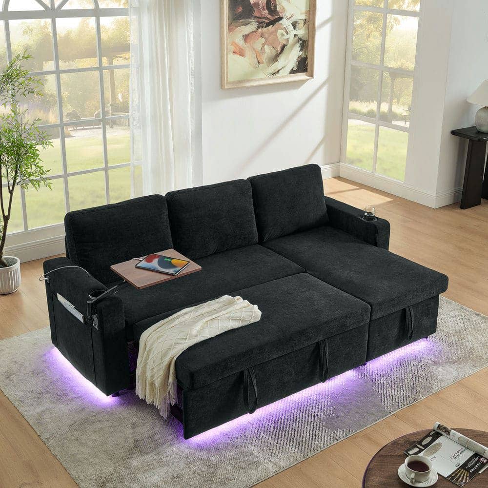 Resenkos - Pull-Out Sleeper Sofa with Retractable Table, Features LED Lights, USB Ports, and Cup Holders, Black - Black