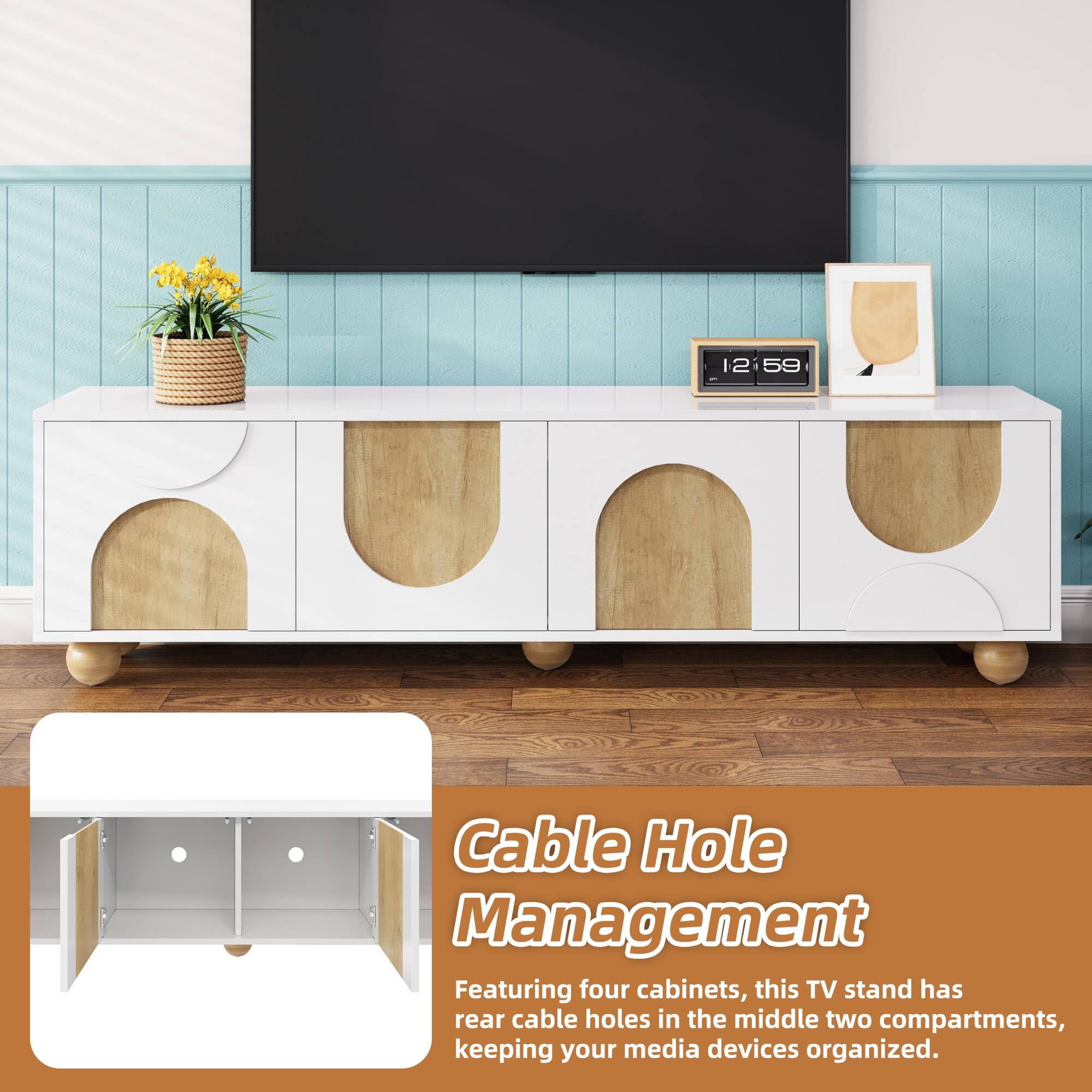 Cable Hole Management

Featuring four cabinets, this TV stand has rear cable holes in the middle two compartments, keeping your media devices organized.