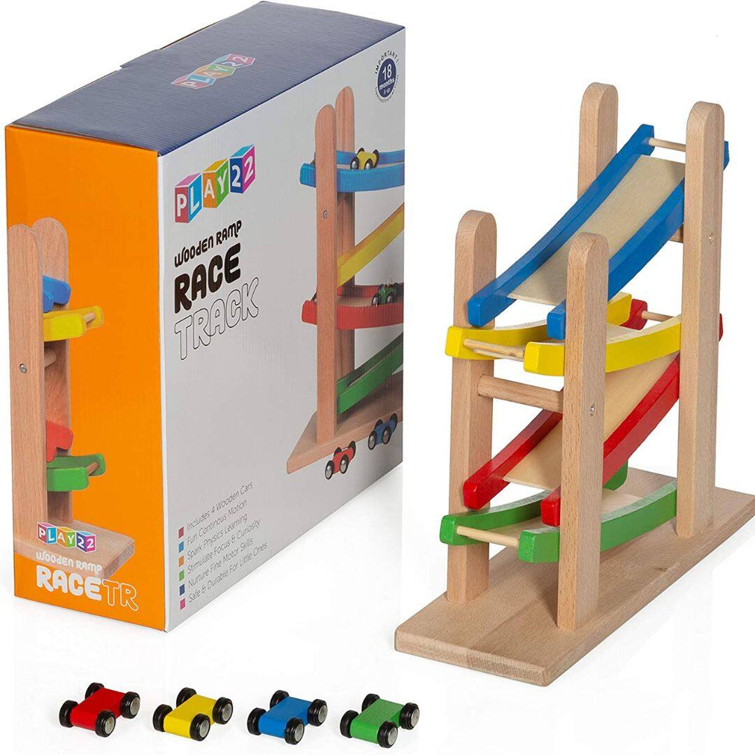 PLAY22  
Wooden Ramp RACE TRACK  

Includes:  
- 1 Wooden Ramp  
- 4 Wooden Cars  
- Continuous Motion  
- Fun Physics & Curiosity  
- Stimulate Focus & Skills  
- Nurture the Imagination  
- Safe & Durable for Little Ones  

18+ months