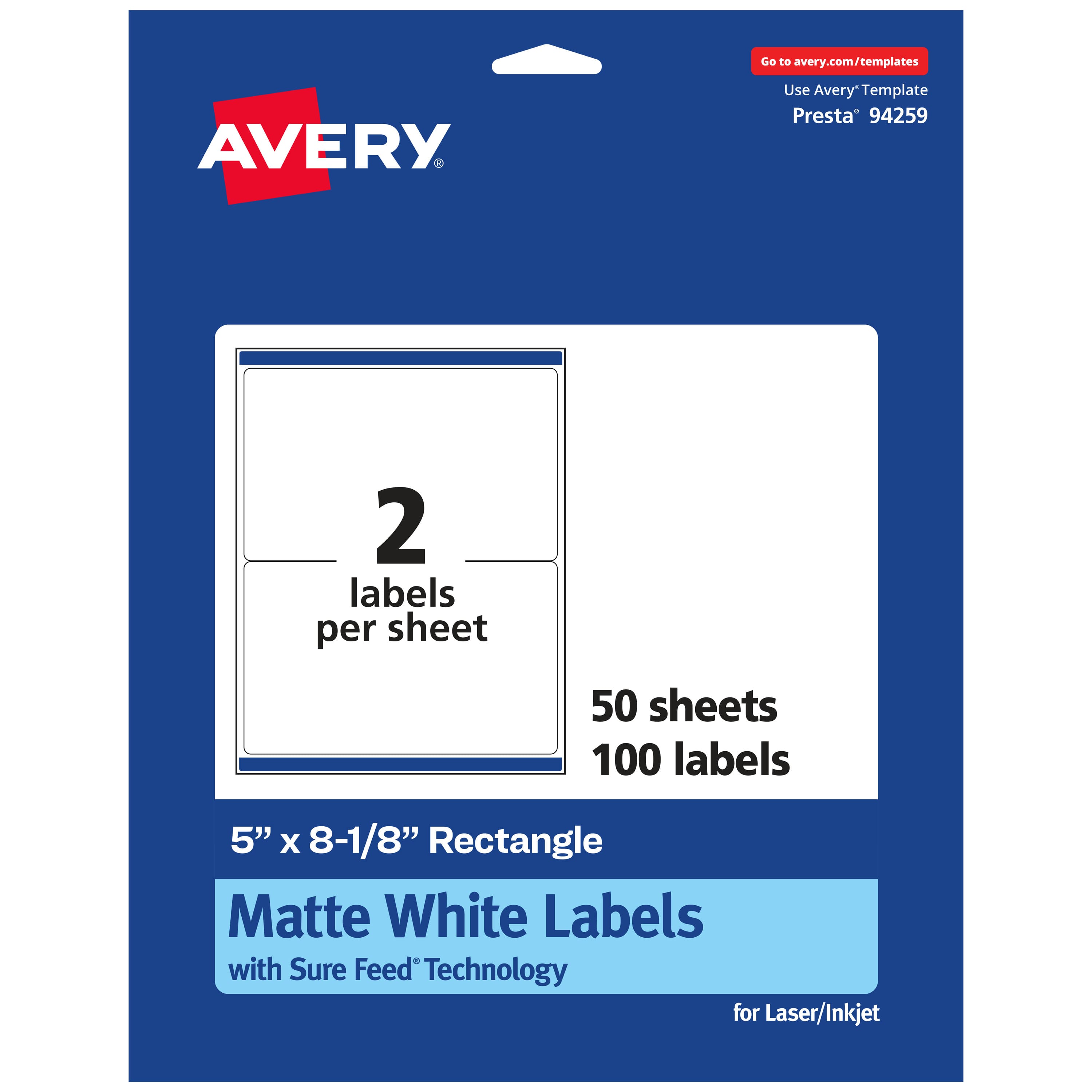 Avery - Matte Rectangle Labels, 5" x 8-1/8", 100 Labels - White