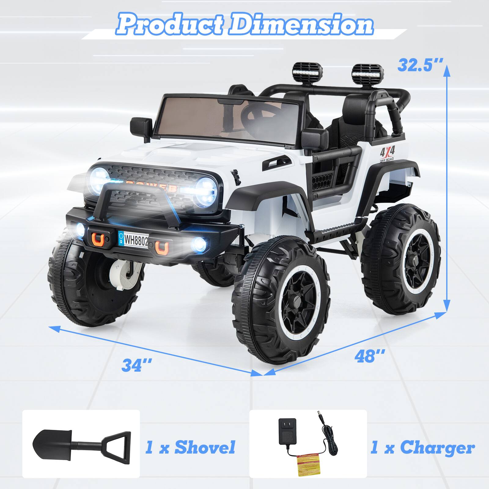 Product Dimension

32.5"  
48"  
34"  

1 x Shovel  
1 x Charger