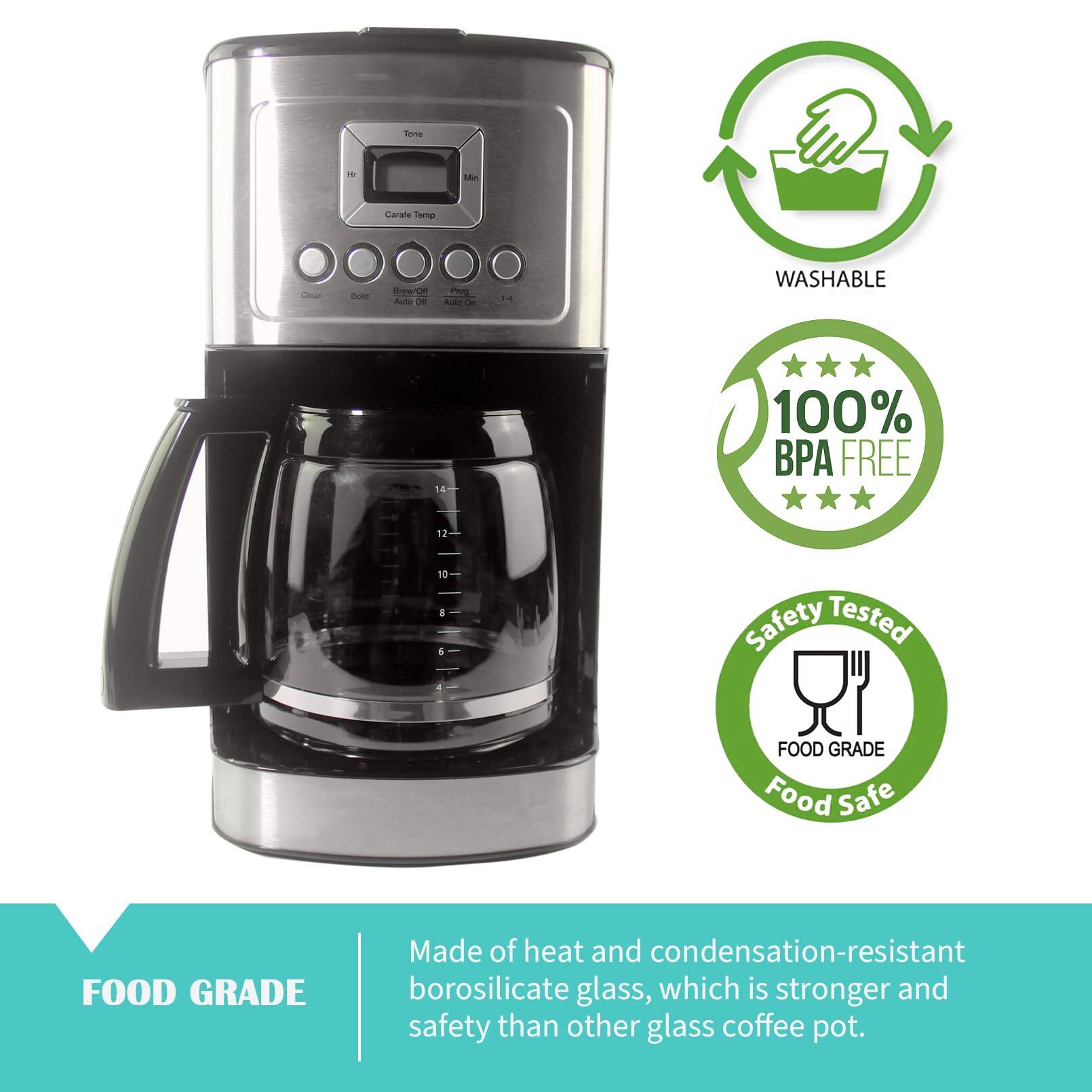 Rana Carara Somp 2 C noa DewC Fog De AUN d 4 WASHABLE S4 100% P FREE 12 10 8 & 4 Safety Tested FOOD GRADE Food Safe FOOD GRADE Made of heat and condensation-resistant borosilicate glass, which is stronger and safer than other glass coffee pot.