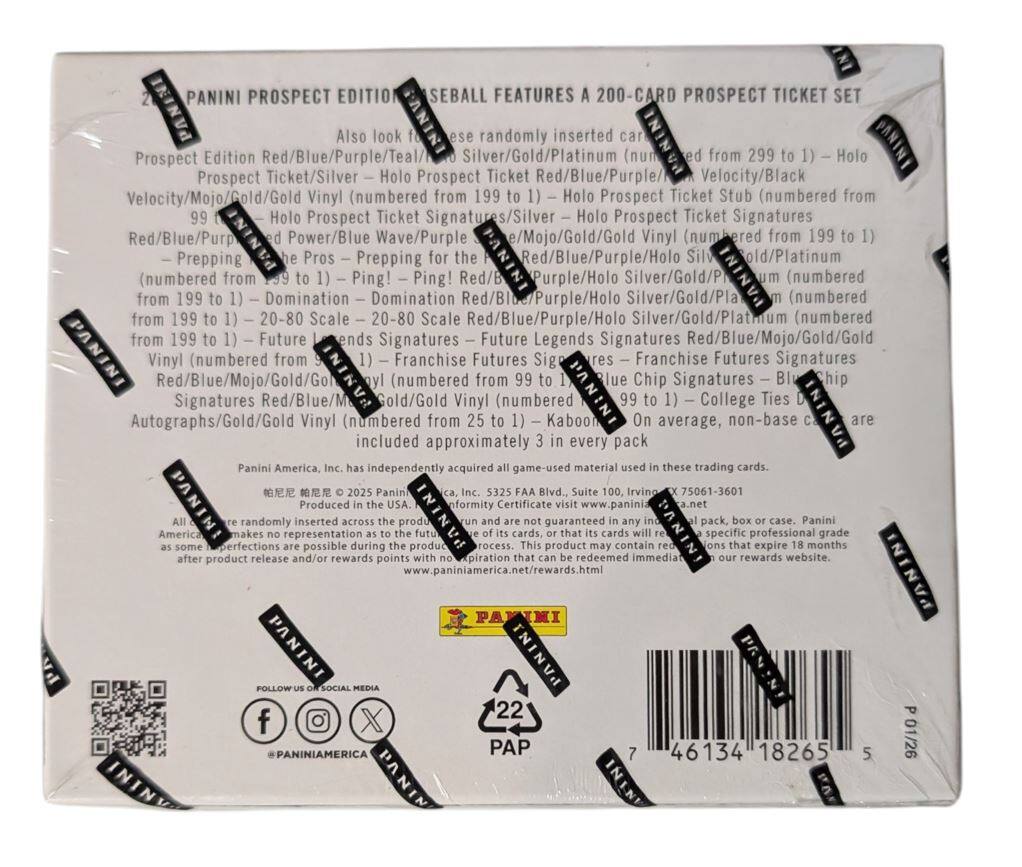 PANINI PROSPECT EDITION BASEBALL FEATURES A 200-CARD PROSPECT TICKET SET

Also look for randomly inserted cards:
- PANINI Prospect Edition Red/Blue/Purple/Teal/Silver/Gold/Platinum (numbered from 299 to 1) - Holo Prospect Ticket/Silver Holo Prospect Ticket Red/Blue/Purple/Velocity/Black Velocity/Mojo/Gold/Gold Vinyl (numbered from 199)
- Holo Prospect Ticket Stub (numbered from 199)
- Holo Prospect Ticket Signatures/Silver Holo Prospect Ticket Signatures Red/Blue/Purple/Holo Silver/Gold/Platinum (numbered from 199)
- Prepping Pros - Prepping for the Pros - Prepping for the Pros (numbered from 199 to 1) - Ping! - Ping! Red/Blue/Purple/Holo Silver/Gold/Platinum (numbered from 199)
- Domination - Domination Red/Blue/Purple/Holo Silver/Gold/Platinum (numbered from 199)
- 20-80 Scale - 20-80 Scale Red/