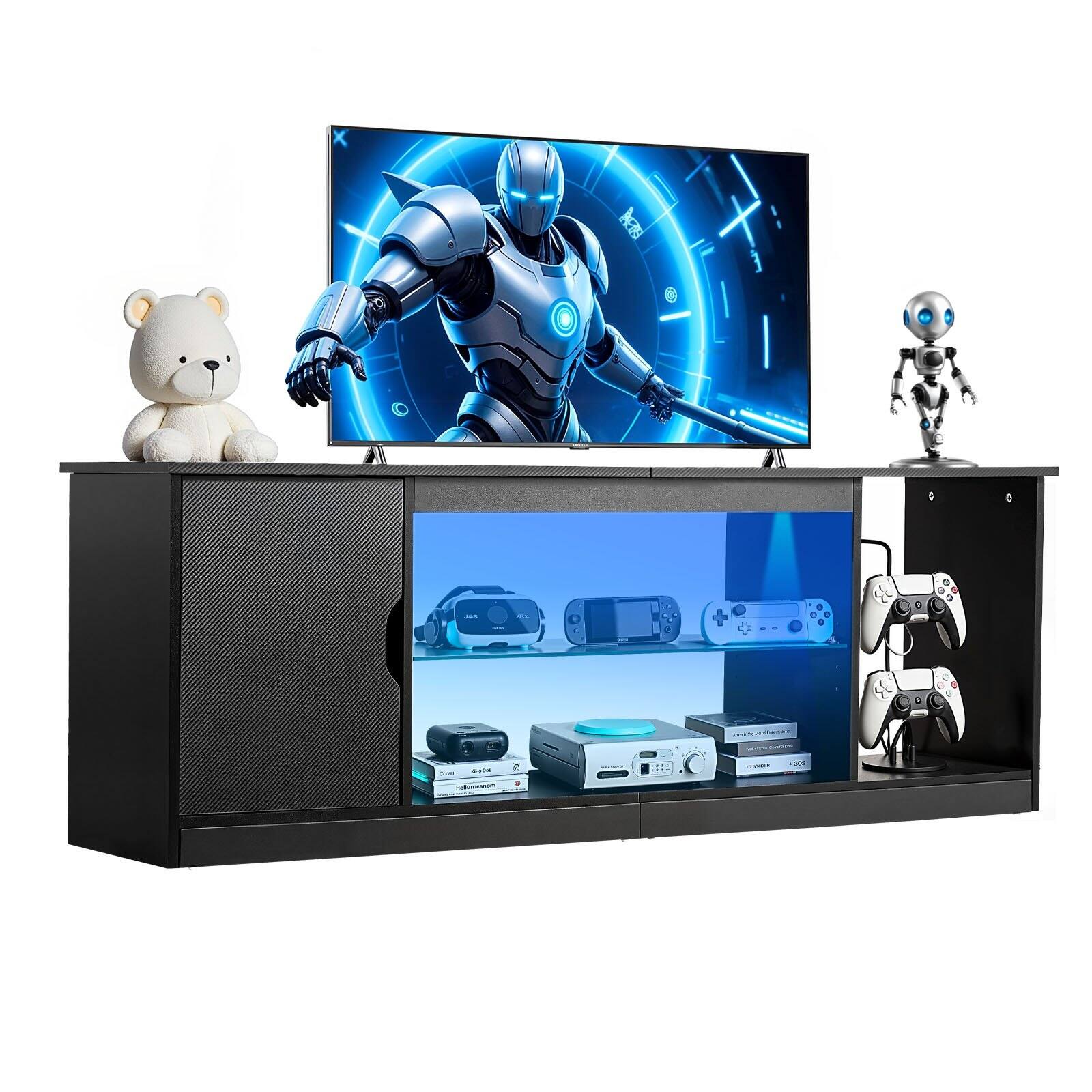 Front. Glintex - TV Cabinet, Modern Entertainment Center for Up to 65" TVs, LED Lights, Adjustable Storage Shelves and Glass Display - Black.