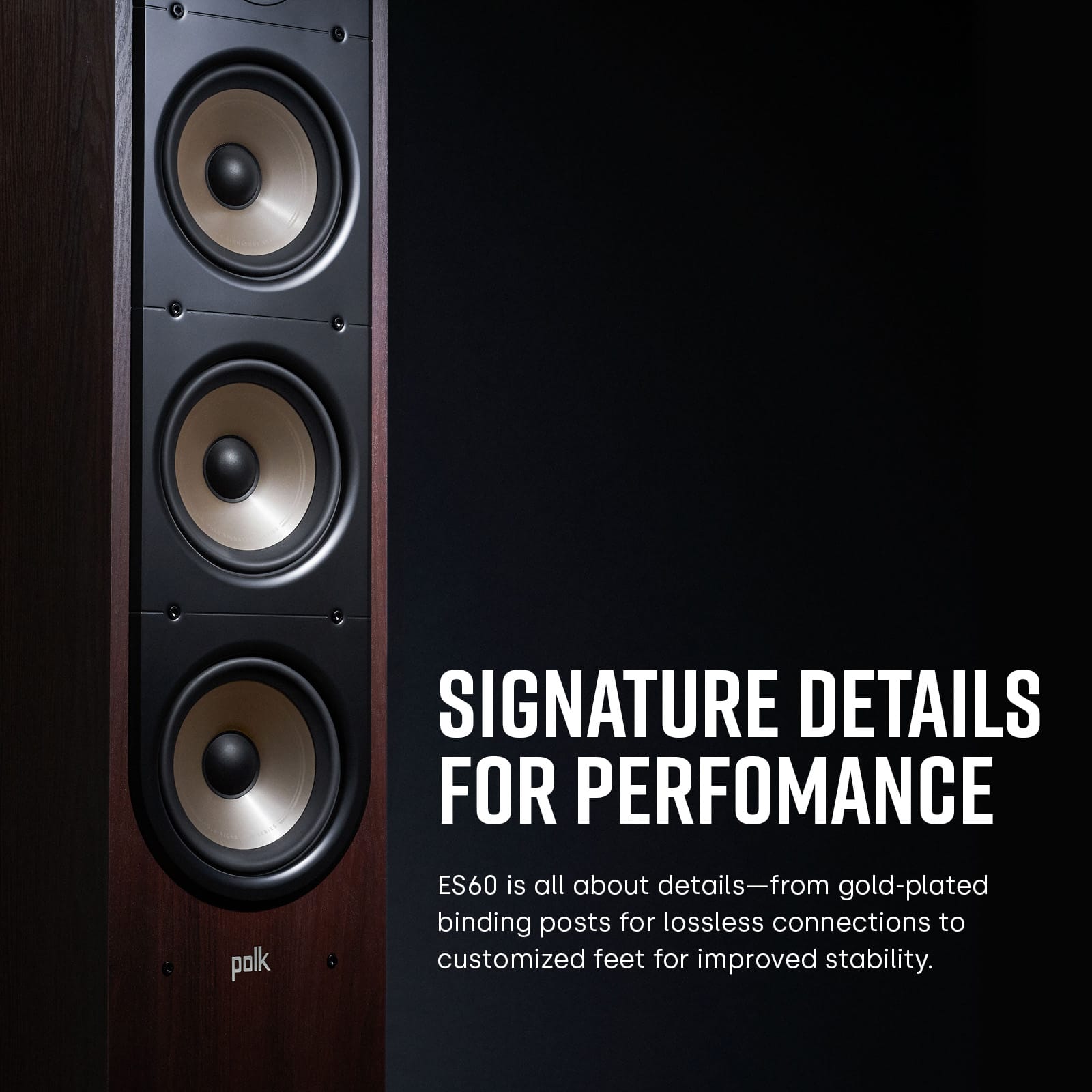 Polk Signature Details for Performance ES60 is all about details - from gold-plated binding posts for lossless connections to customized feet for improved stability.