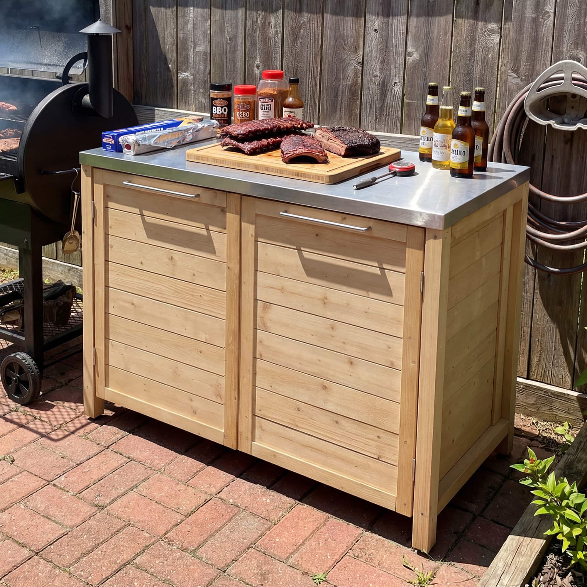 Famapy - Modular Solid Cedar Outdoor Kitchen Cabinets - All-Weather Storage with Stainless Steel Top for Patio, Grill Station - Wooden