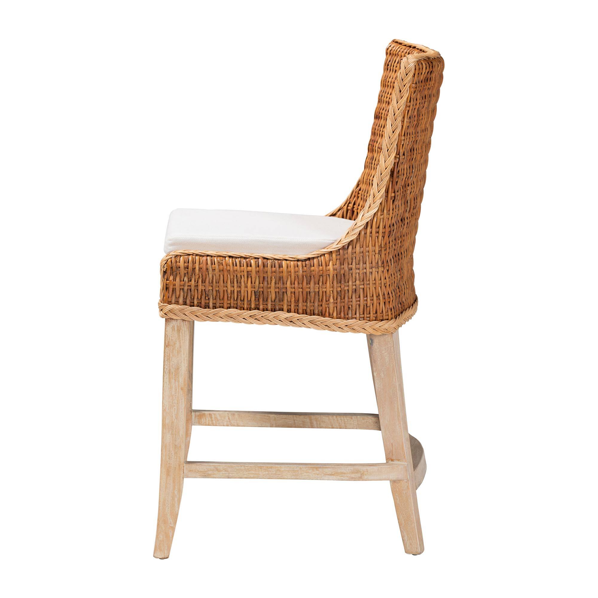 Left. bali & pari - Derris Natural Rattan Counter Stool with Cushion - Tall Wingback Stool with Solid Mango Wood Legs and Footrest - Light Honey.