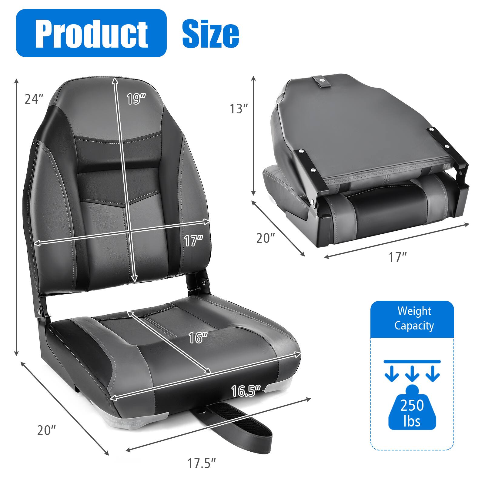 Product Size  
24" x 19" x 13" x 17" x 20" x 17" x 16"  
Weight Capacity: 250 lbs