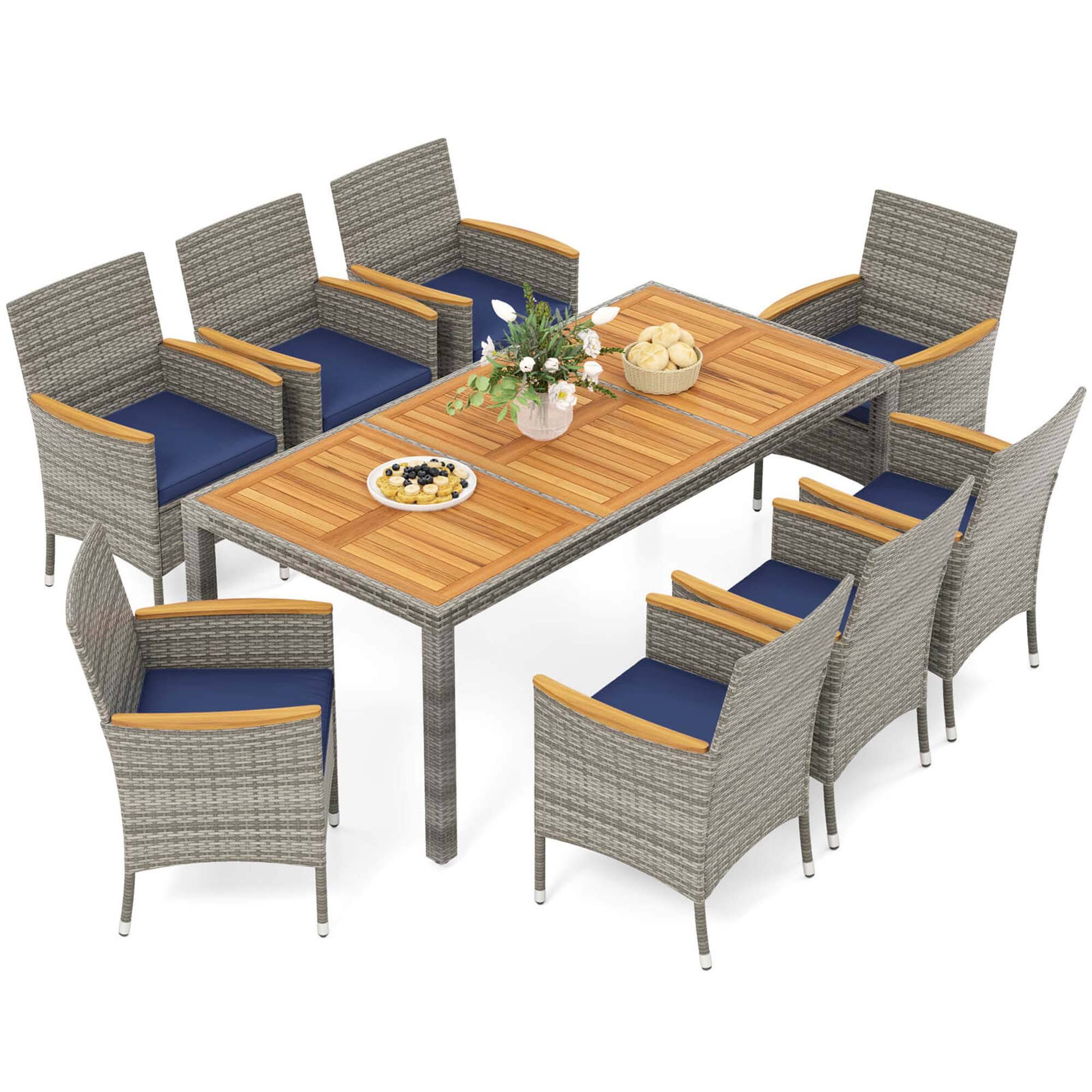 Alt View 9. Costway - 9 PCS Patio Dining Set for 8 Table and PE Rattan Chairs with 2" Umbrella Hole - Mix Gray,Navy.
