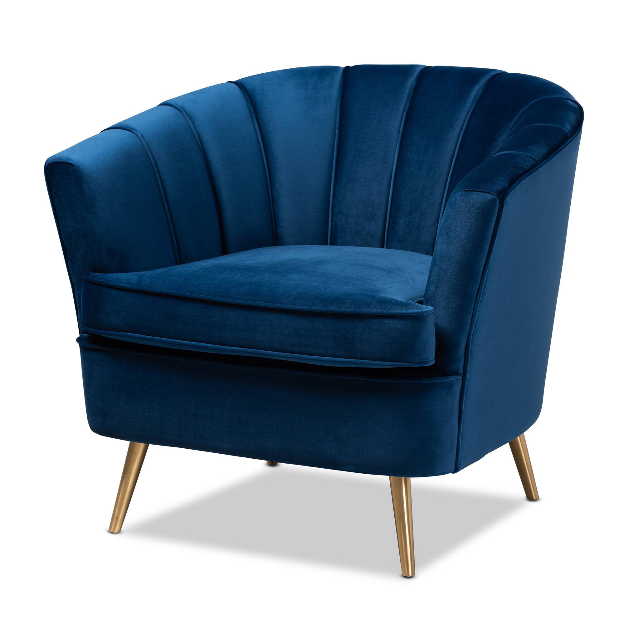 Baxton Studio - Emeline Glam and Luxe Velvet Fabric Upholstered Brushed Gold Finished Accent Chair - Blue/Gold