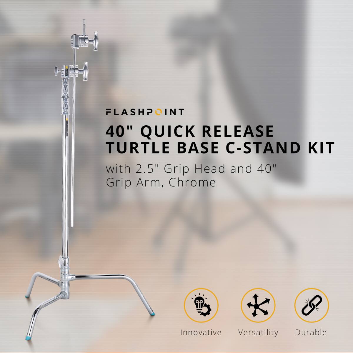 FLASHPOINT 40" QUICK RELEASE TURTLE BASE C-STAND KIT with 2.5" Grip Head and 40" Grip Arm, Chrome

Innovative Versatility Durable