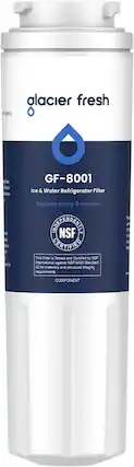 glacier fresh
GF-8001
Ice & Water Refrigerator Filter
Replace every 6 months
INDEPENDENTLY
NSF CERTIFIED
This Filter is Tested and Certified by NSF International against NSF/ANSI Standard 42 for materials and structural integrity requirements.
COMPONENT