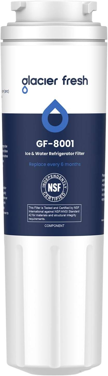 glacier fresh  
GF-8001  
Ice & Water Refrigerator Filter  
Replace every 6 months  

INDEPENDENTLY  
NSF CERTIFIED  

This Filter is Tested and Certified by NSF International against NSF/ANSI Standard 42 for materials and structural integrity requirements.  

COMPONENT