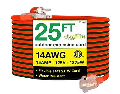 GG-13825 FT 25 GOGREEN outdoor extension cord 14AWG c ETL US 15AMP 125V 1875W  
Flexible 14/3 SJTW Cord Water Resistant