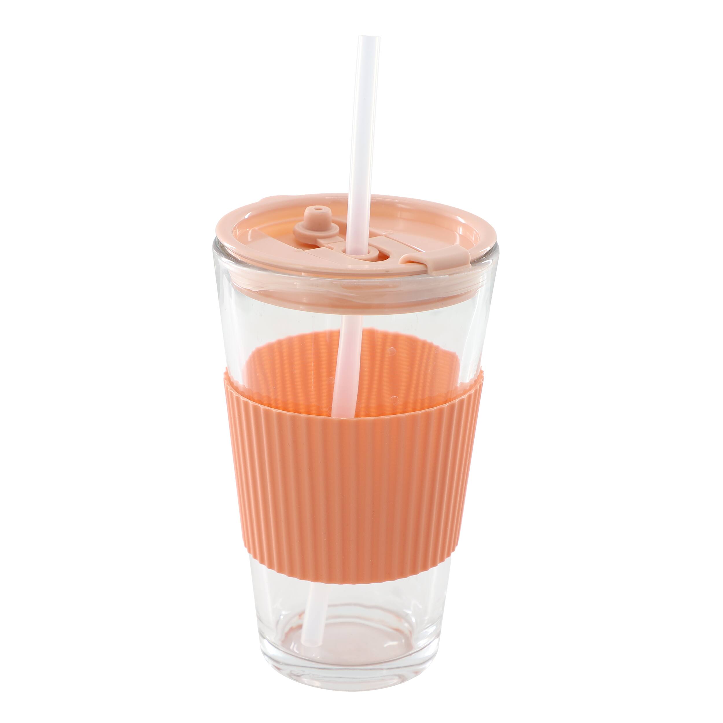 Alt View 1. Mr. Coffee - Mr. Coffee Sip Savvy 4 Piece 15 Ounce Silicone Sleeve Glass Cup Set w/ Lid and Straw in Pink - Peach.