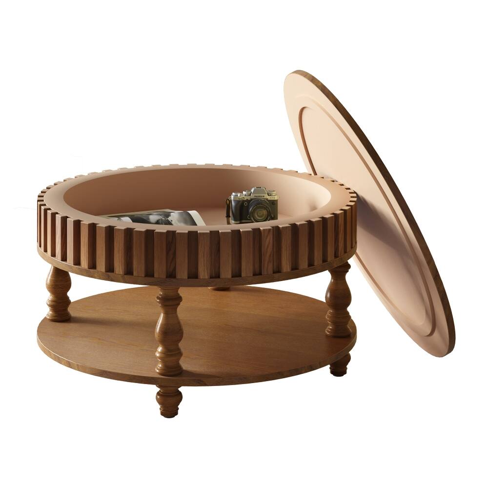 Alt View 7. Loheer - Loheer Farmhouse Fluted Coffee Table, Round Coffee Table with Hidden Storage, Walnut Brown - Walnut Brown.