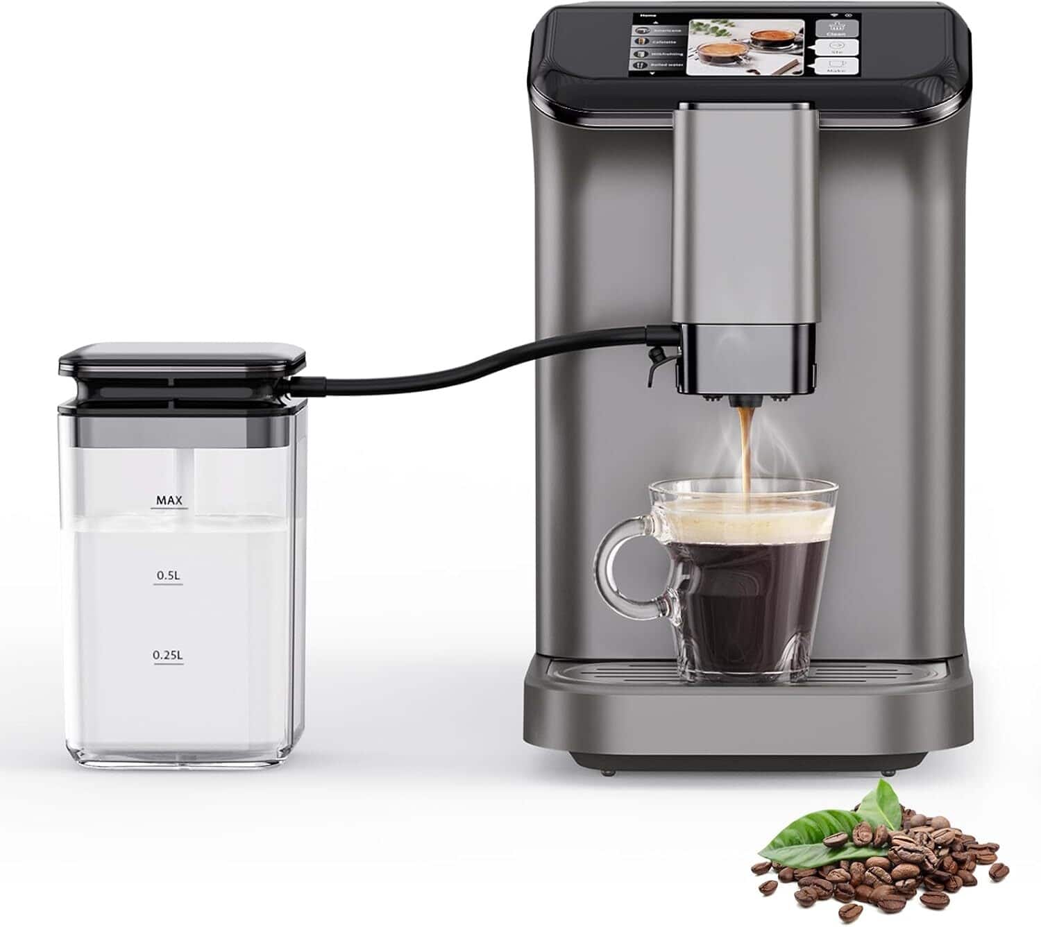 Acekool - 20 Bar Super Automatic Espresso Machine, with Stainless Steel Conical Burr Grinder - Gray