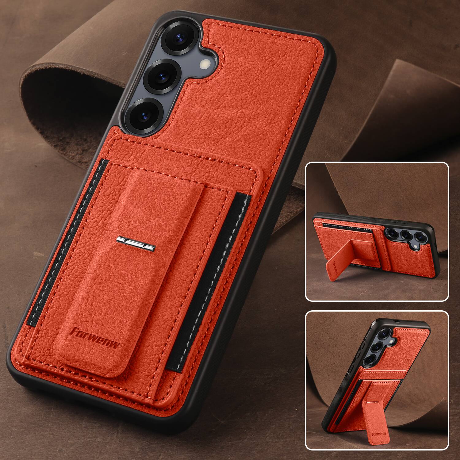 Alt View 2. Dteck - Slim Card Holder Case for Samsung Galaxy S24, Shockproof Wallet Protective Cover with Kickstand - Orange.