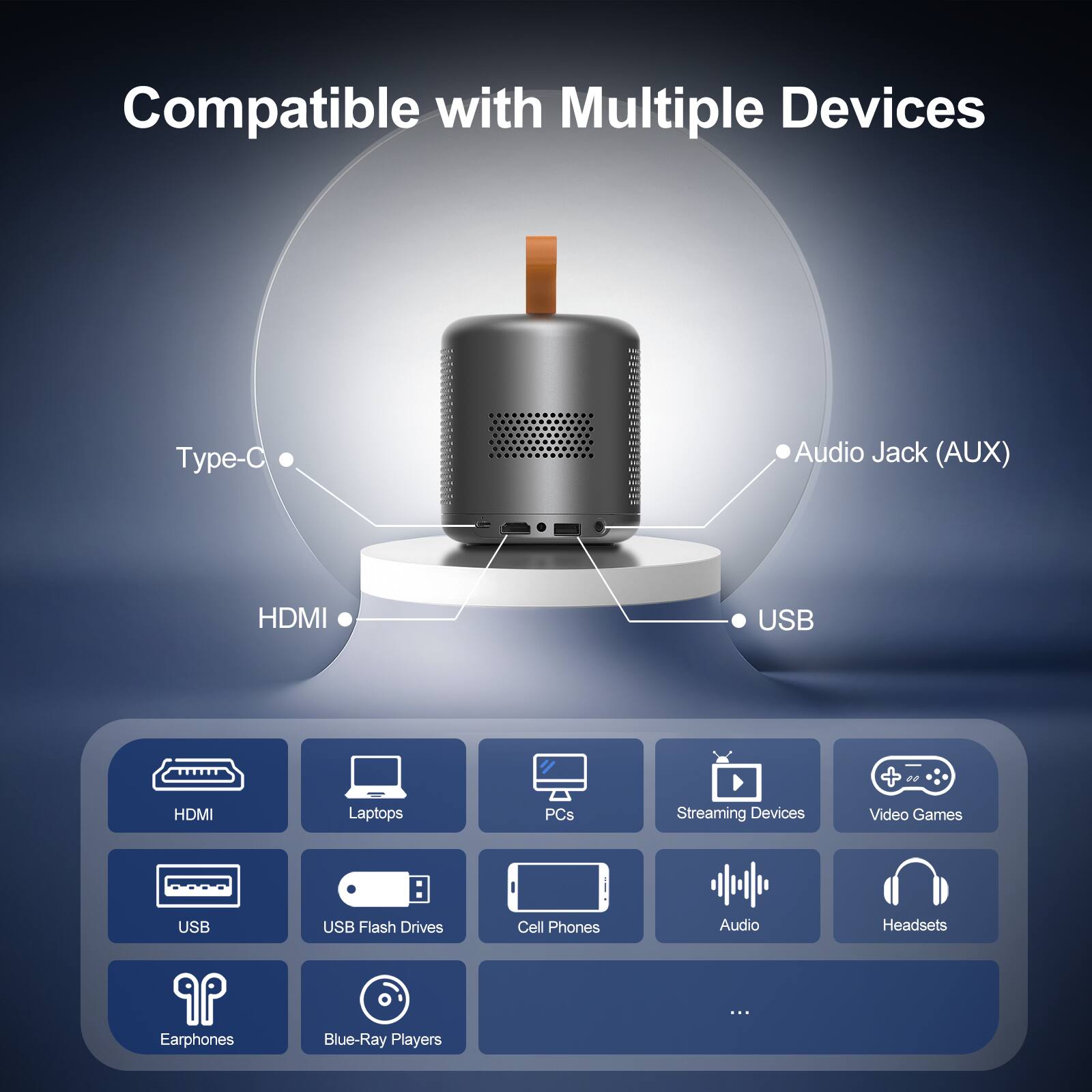 Compatible with Multiple Devices

Type-C
Audio Jack (AUX)
HDMI
USB

Laptops
PCs
Streaming Devices
Video Games
USB Flash Drives
Cell Phones
Audio
Headsets
Earphones
Blue-Ray Players