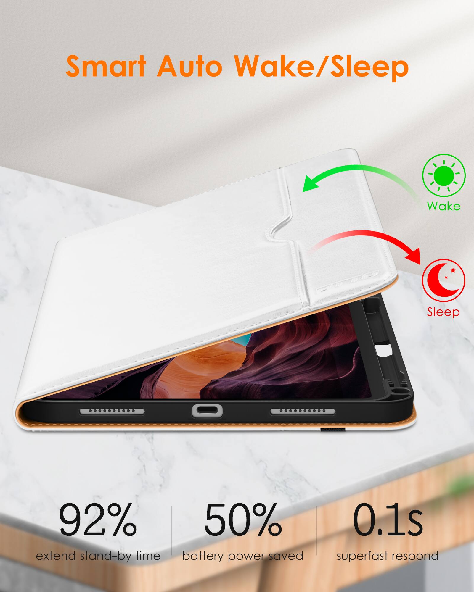 Smart Auto Wake/Sleep

- 92% extend stand-by time
- 50% battery power saved
- 0.1s superfast respond

Wake
Sleep